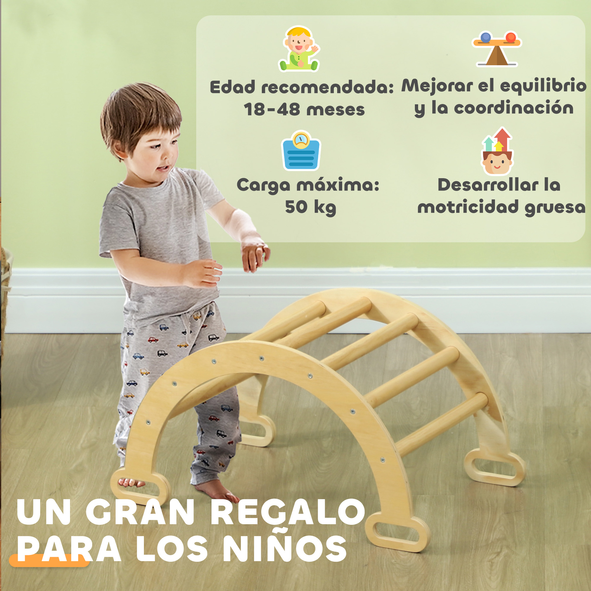Un niño juega con un arco de escalada de madera. Texto describe beneficios y 50kg límite.
