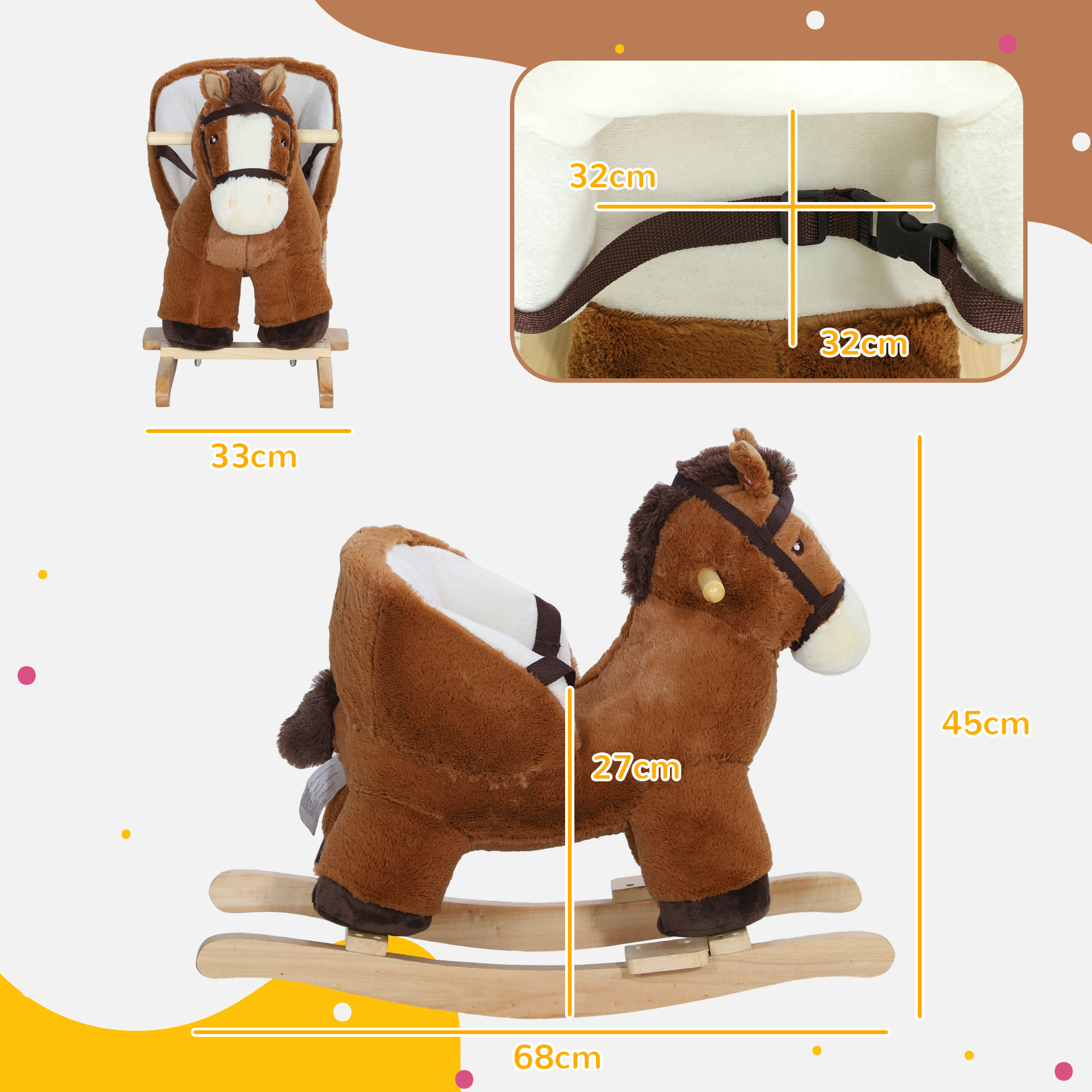 Caballo balancín marrón con medidas. Caballo marrón y blanco, balancines de madera y asiento marrón.