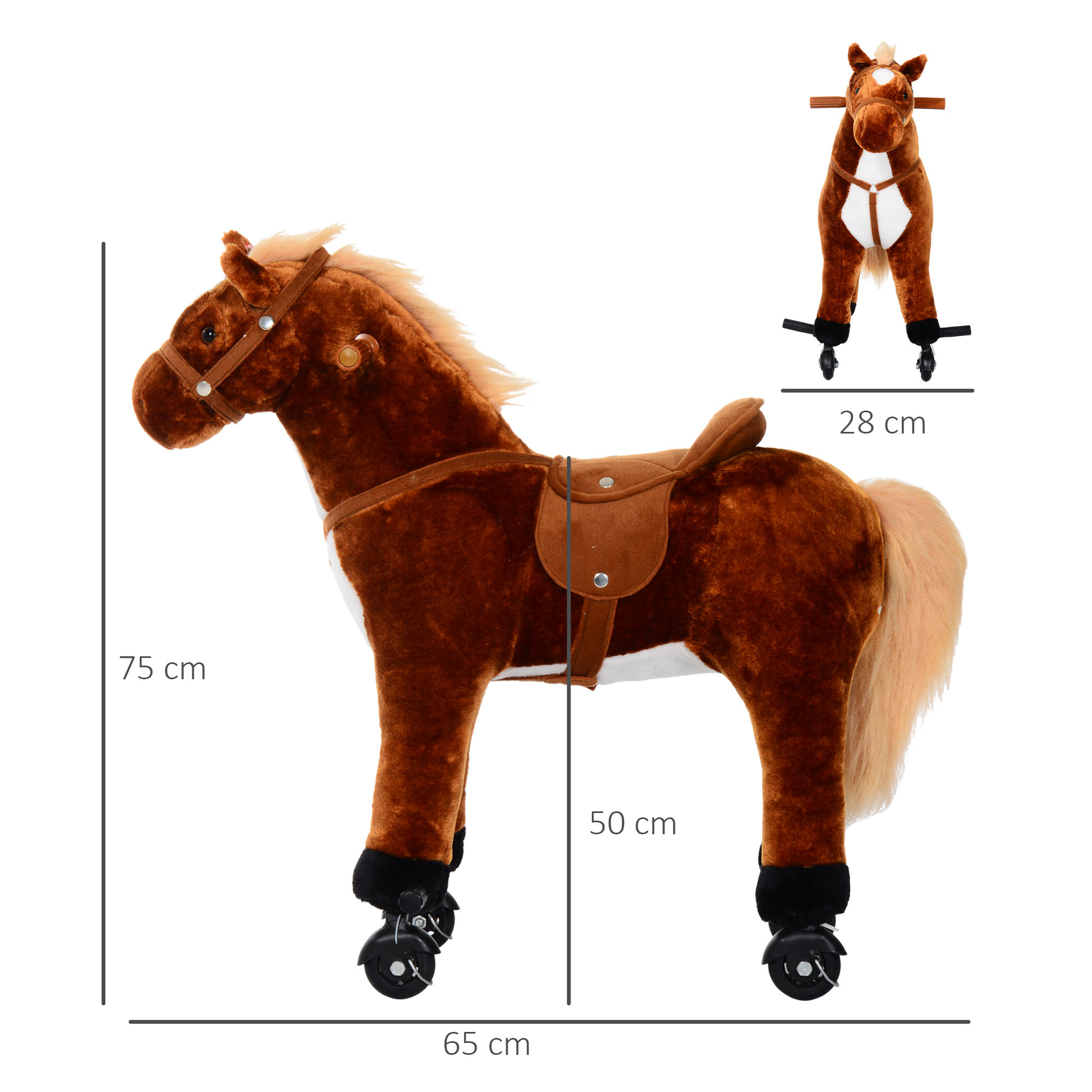 Caballo de juguete con dimensiones, marrón y blanco, silla de montar, brida. Otro caballo al fondo.