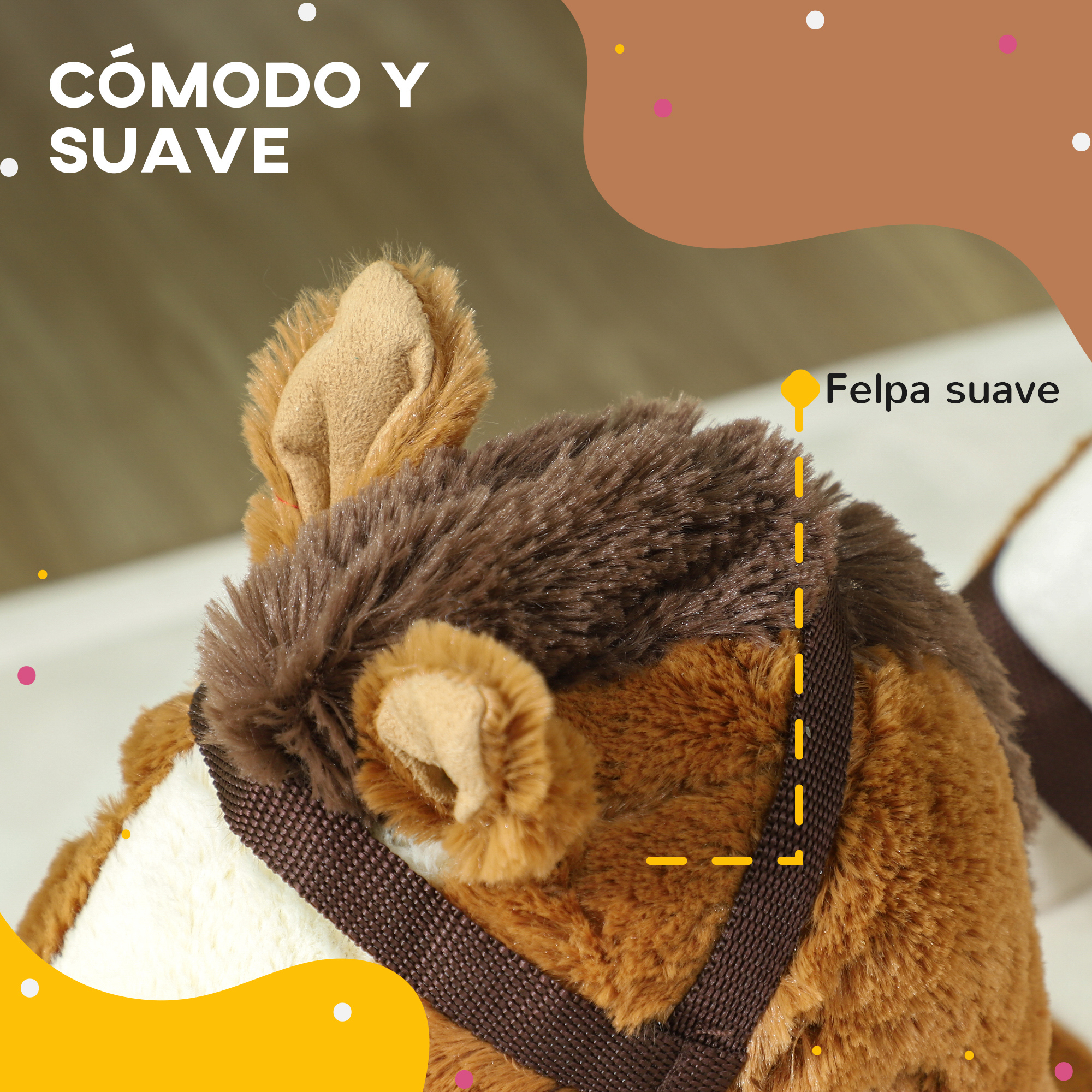 Primer plano de la cabeza de un caballo de juguete con una melena marrón y una textura suave y afelpada.