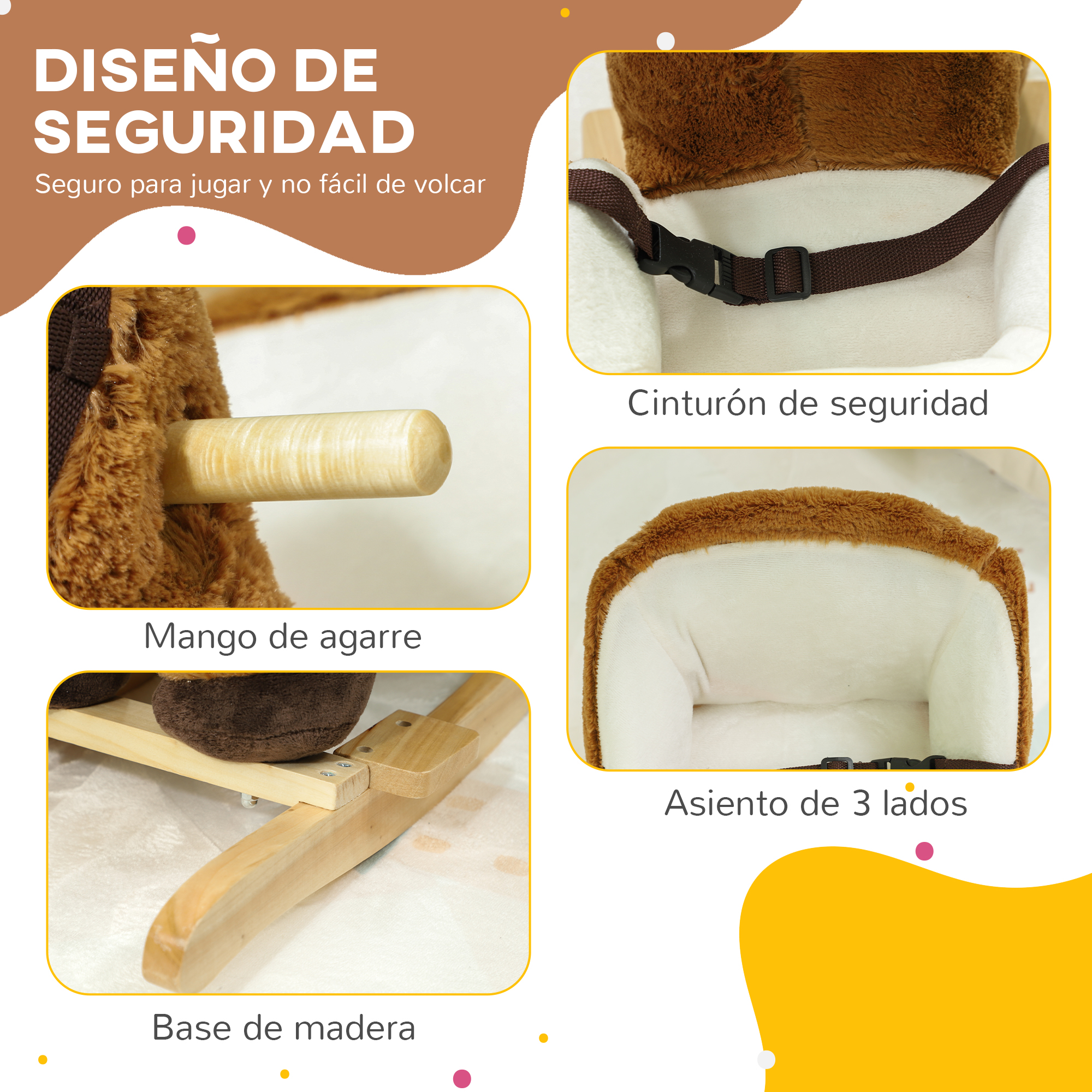 Detalles de primer plano de un caballito balancín con características de seguridad y base de madera.