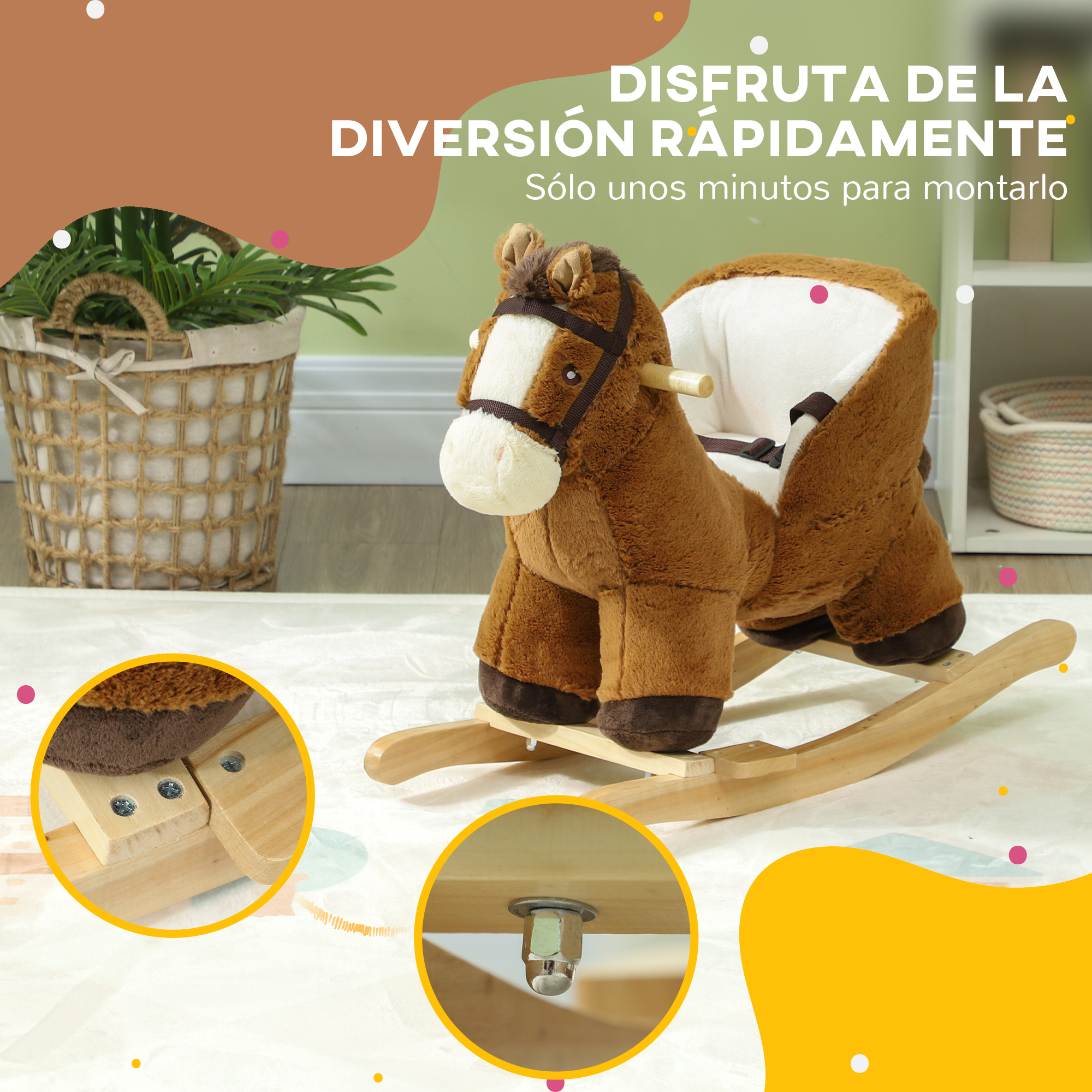 Caballo balancín marrón. Texto: Disfruta la diversión rápido. Solo unos minutos para montar.