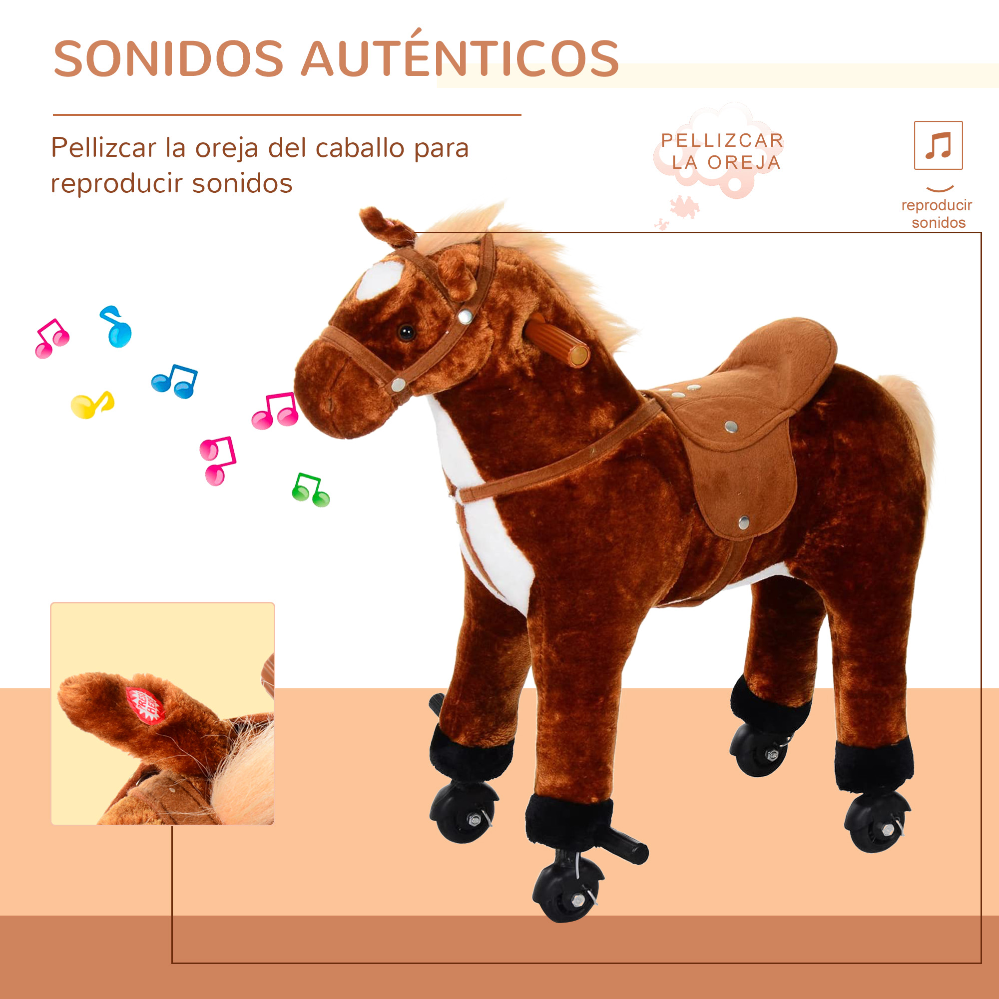 Caballo de juguete con silla de montar y ruedas. Notas musicales alrededor. Fondo marrón.