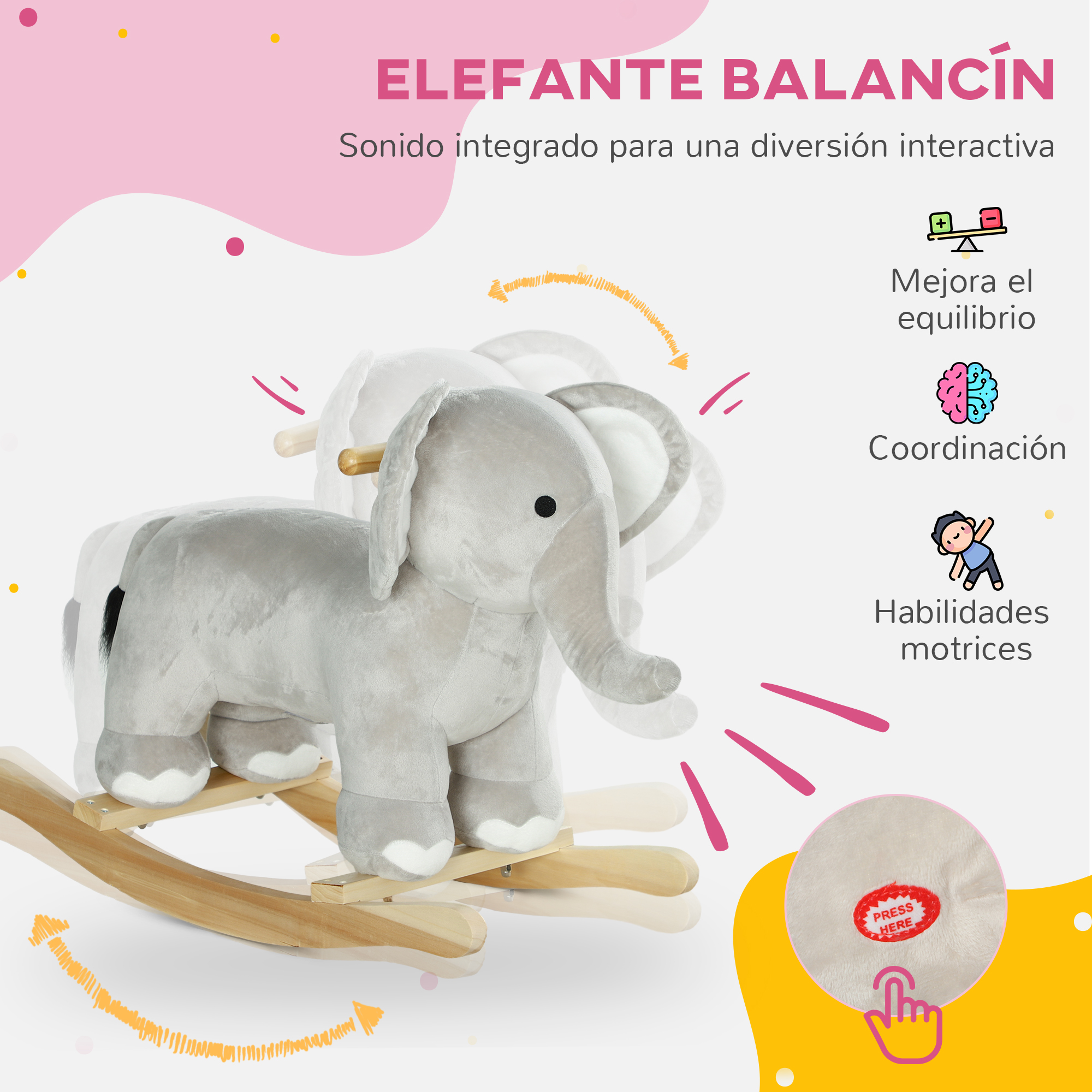 Un juguete de elefante balancín gris. Texto e iconos explican los beneficios: equilibrio, coordinación y desarrollo motor.