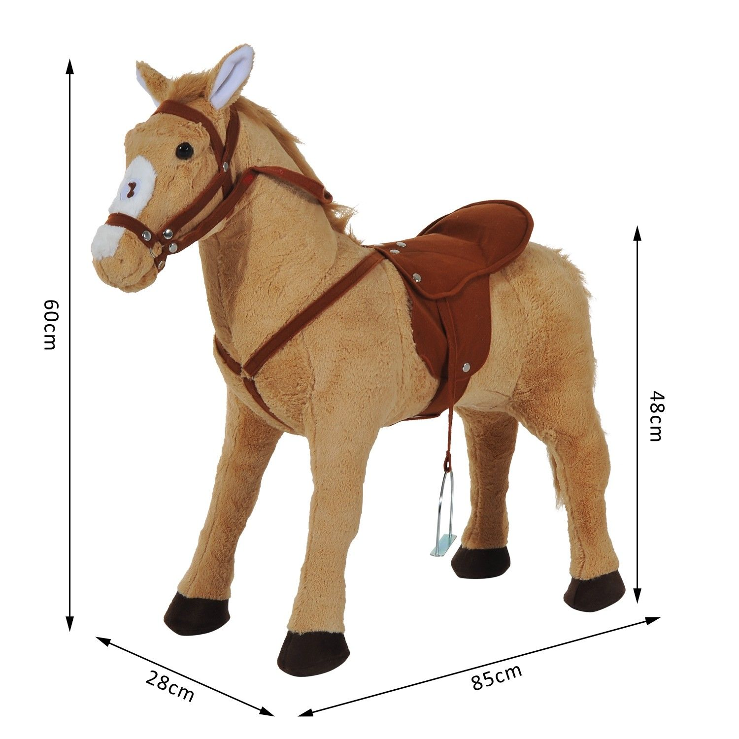Cavallo giocattolo, marrone chiaro con sella e briglia marroni. È in piedi, con dimensioni segnate.