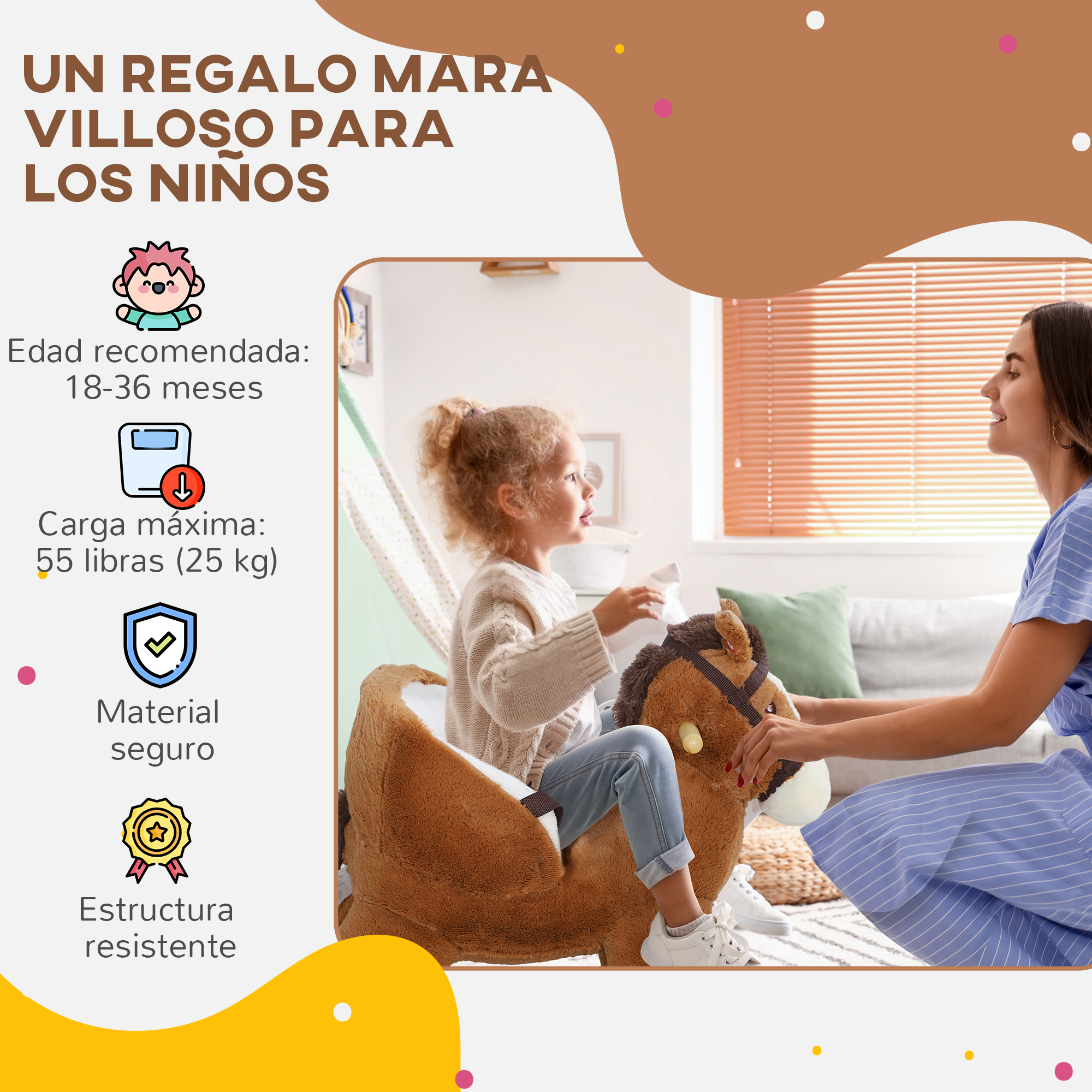 Un niño en un caballo balancín, con una mujer en el fondo.