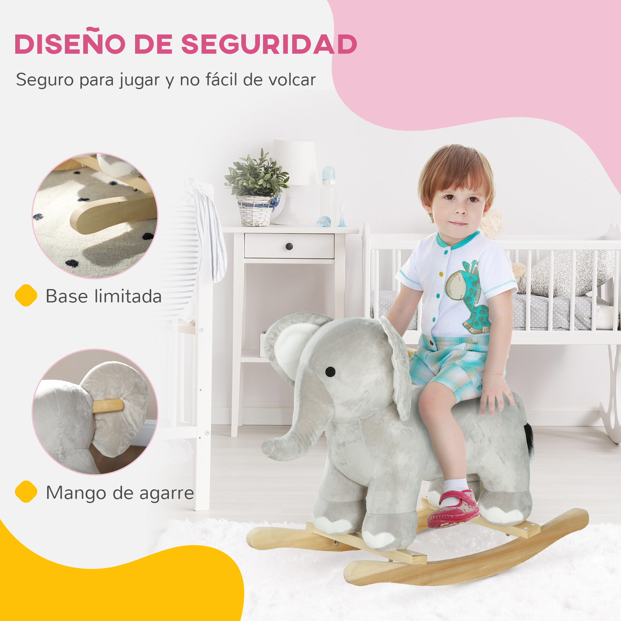 Un niño en un elefante gris balancín. Características incluyen base limitada y asas.