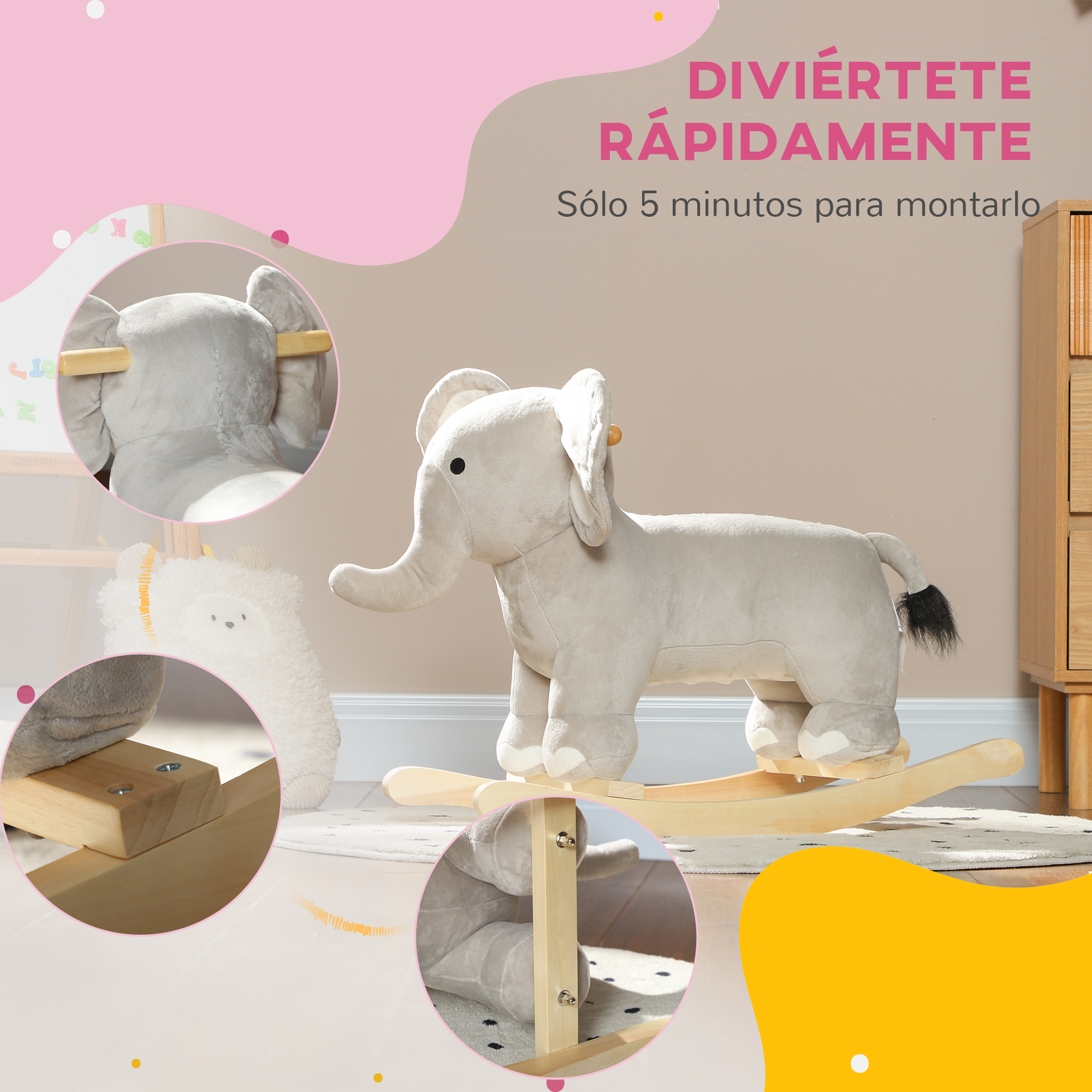Juguete de elefante balancín con superposición de texto. El juguete tiene un elefante gris y un balancín de madera. El fondo es beige.