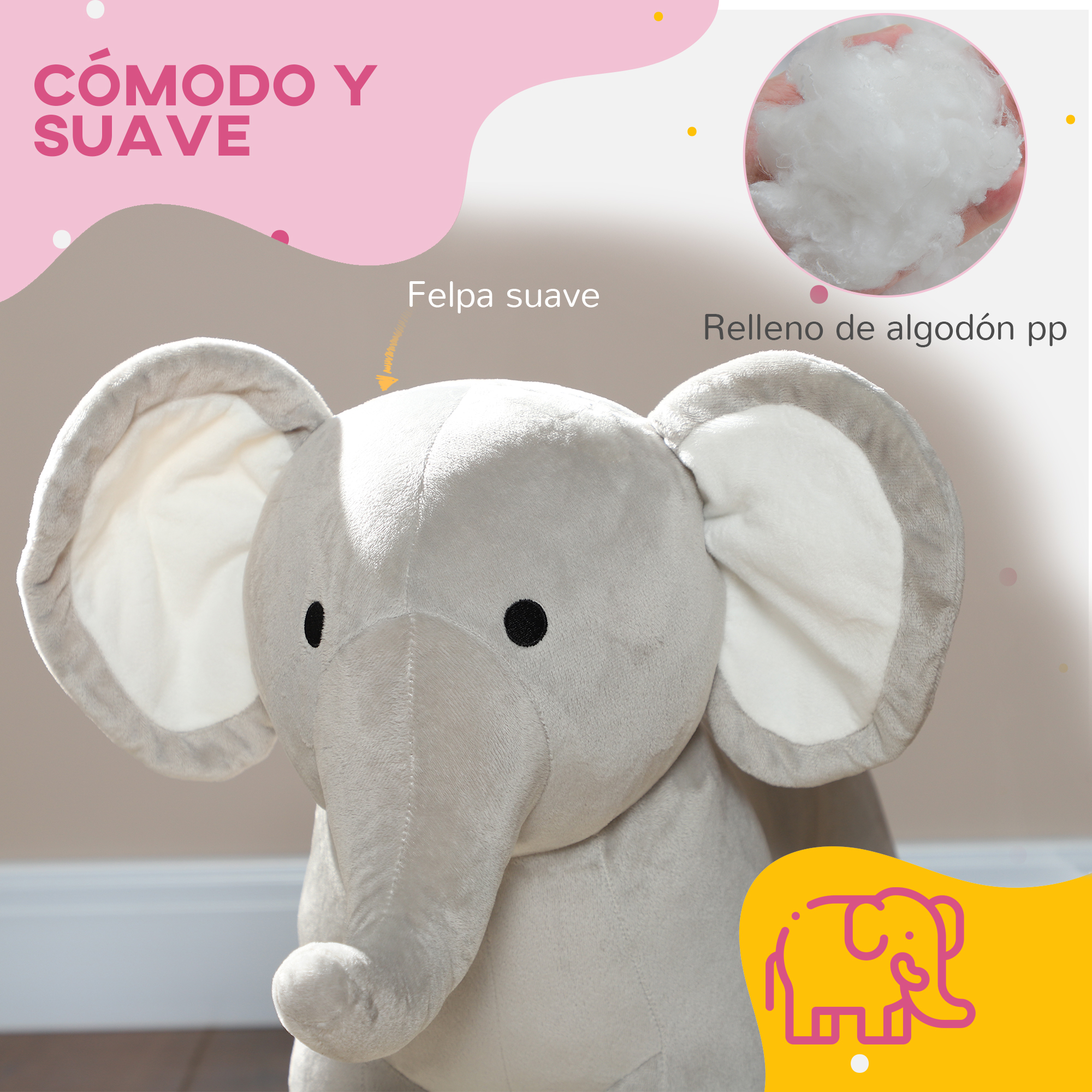 Peluche de elefante gris con orejas grandes, texto en español y primer plano del relleno de algodón.