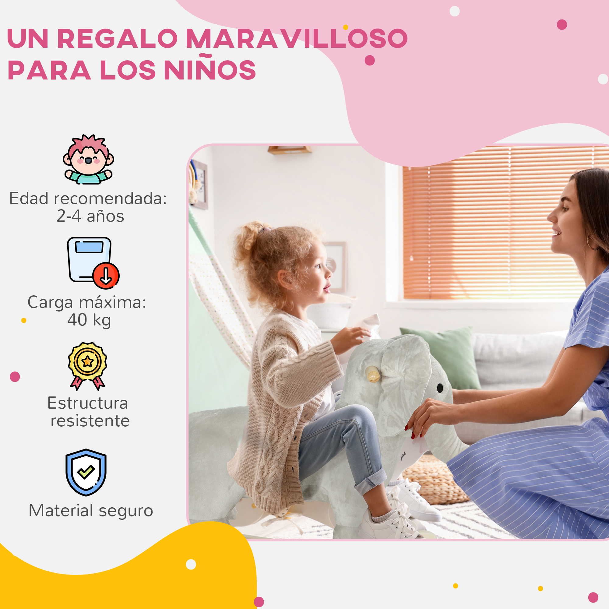 Una madre y un niño están sentados. El niño está jugando con un juguete y el texto está en español.