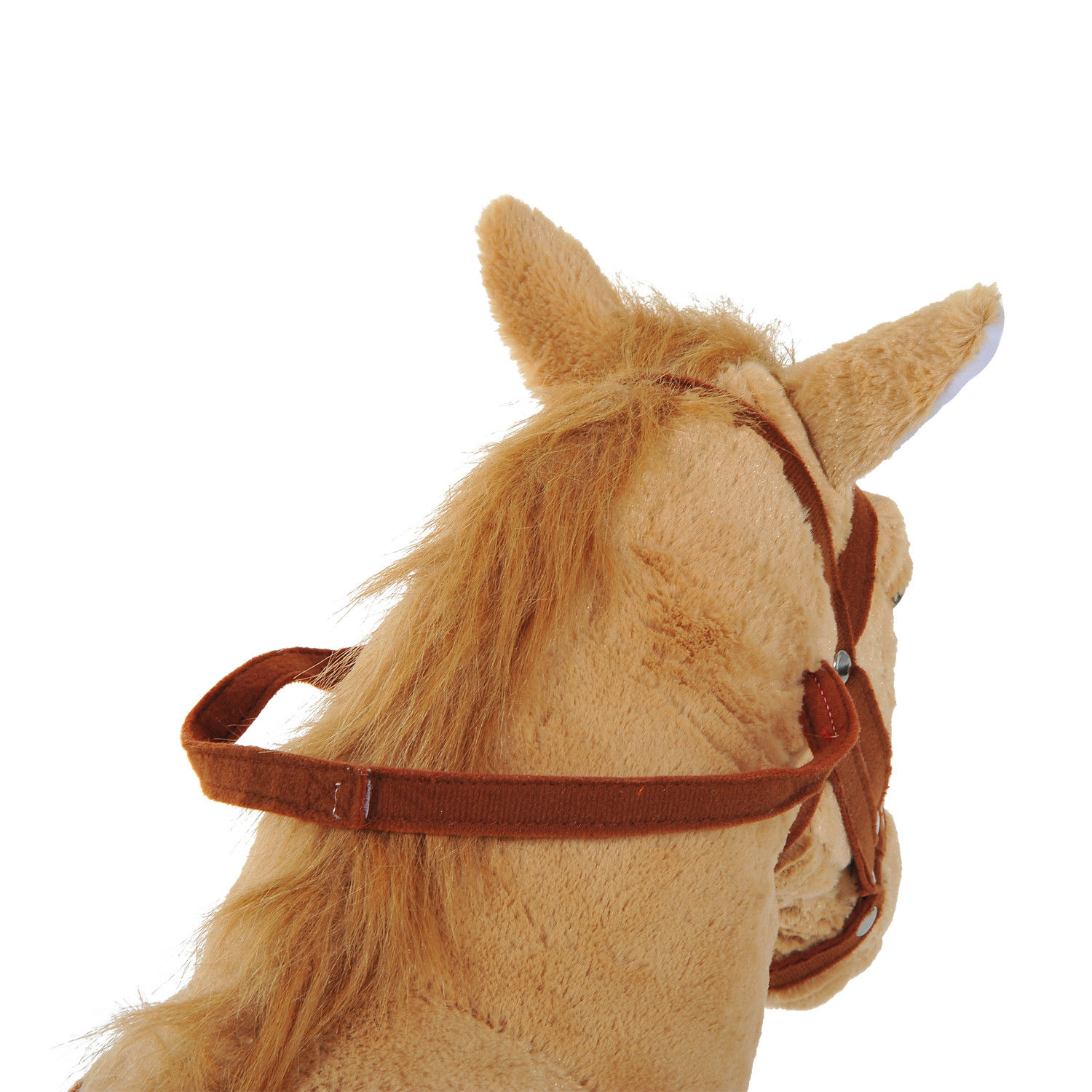 Una testa di cavallo giocattolo con un'imbracatura marrone. Il cavallo ha una criniera marrone chiaro.