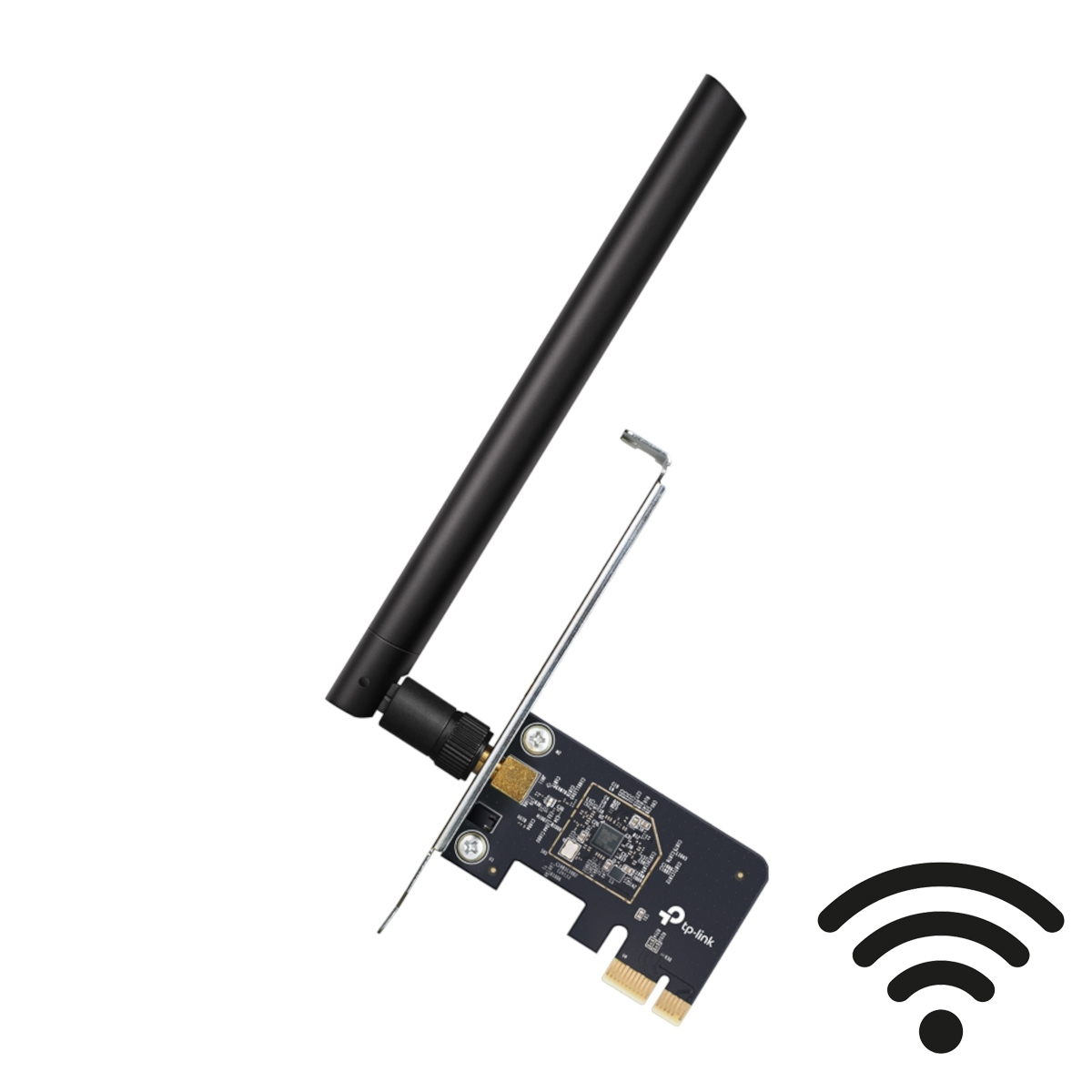 WLAN-Adapterkarte mit Antenne. WLAN-Symbol daneben. Weißer Hintergrund.