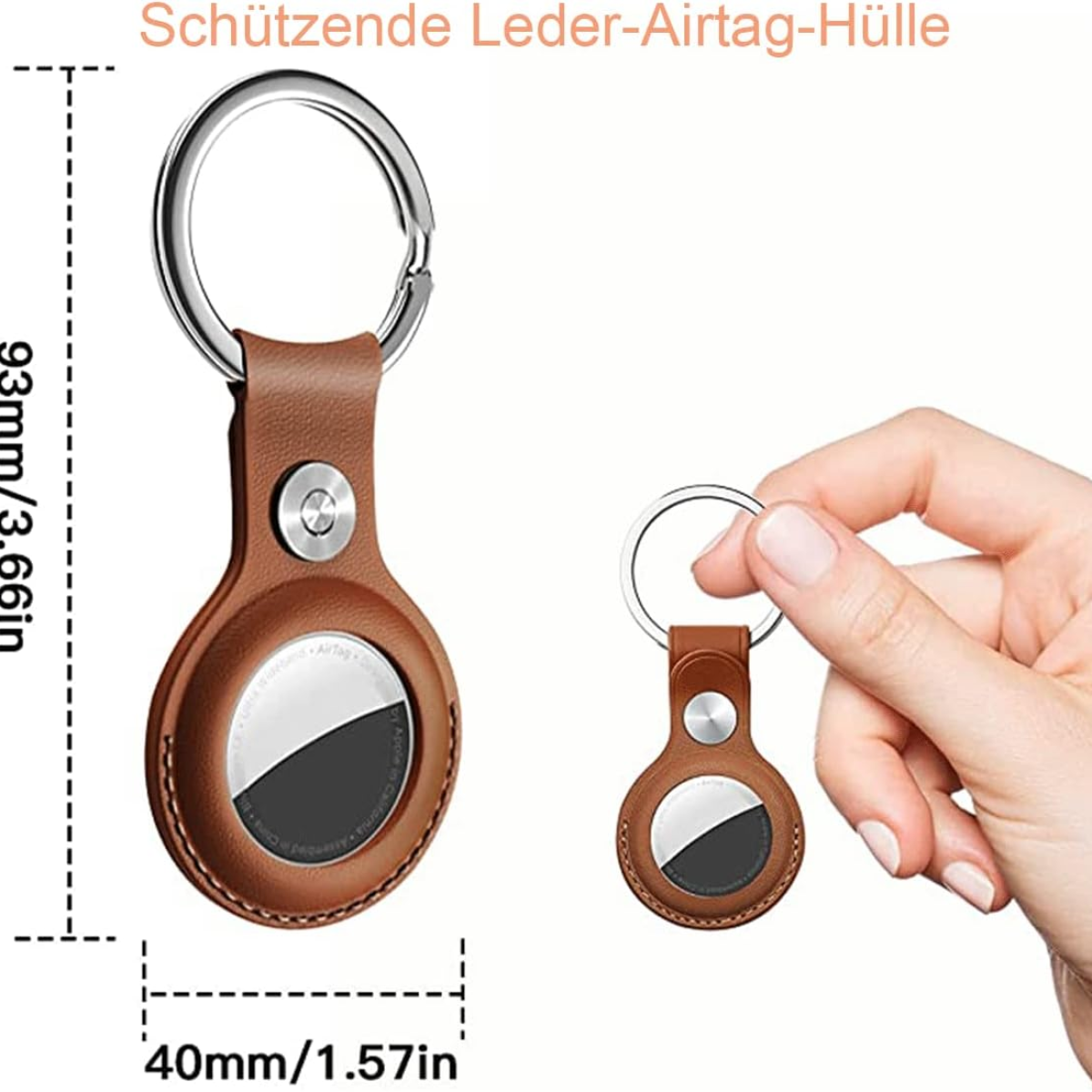 Skórzany uchwyt na Airtag z pierścieniem i wymiarami. Brązowy i srebrny.