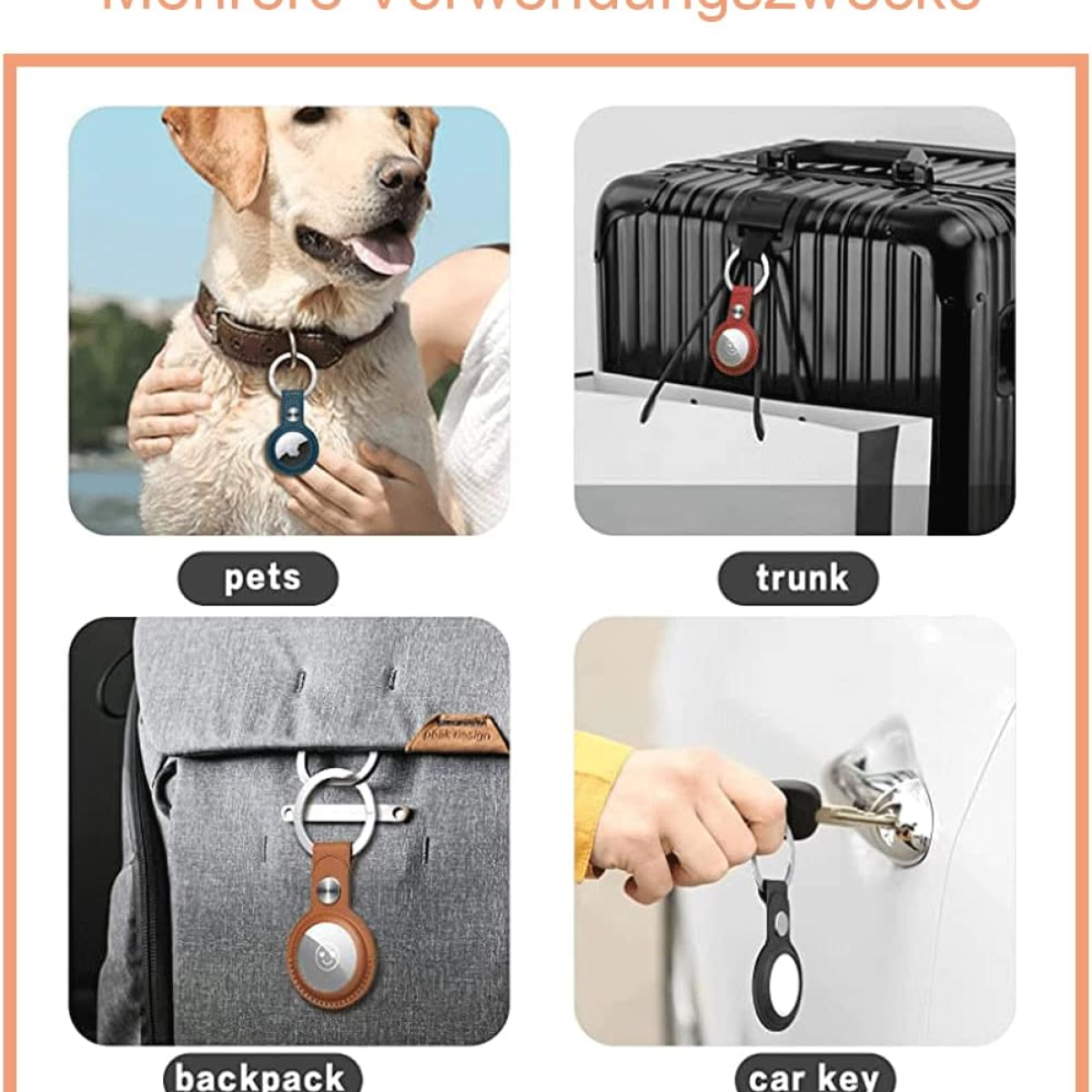 Kolaż pokazujący przedmioty z trackerami: zwierzę domowe na smyczy, bagaż, plecak i kluczyk do samochodu.