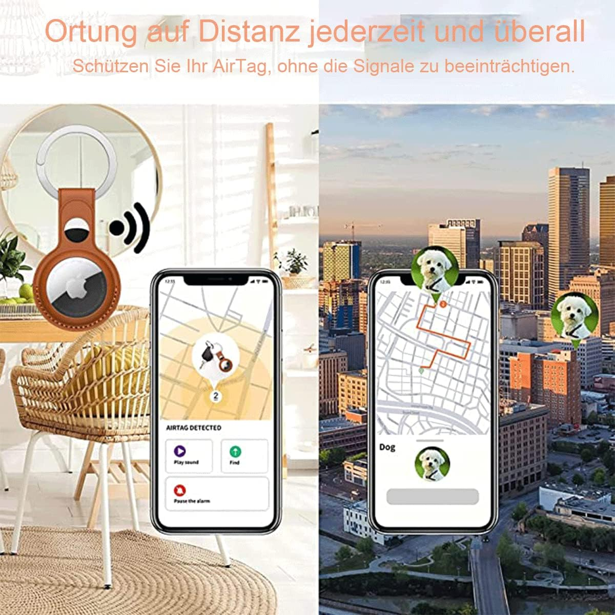 AirTag z ikoną psa na ekranie telefonu, w otoczeniu miejskim.