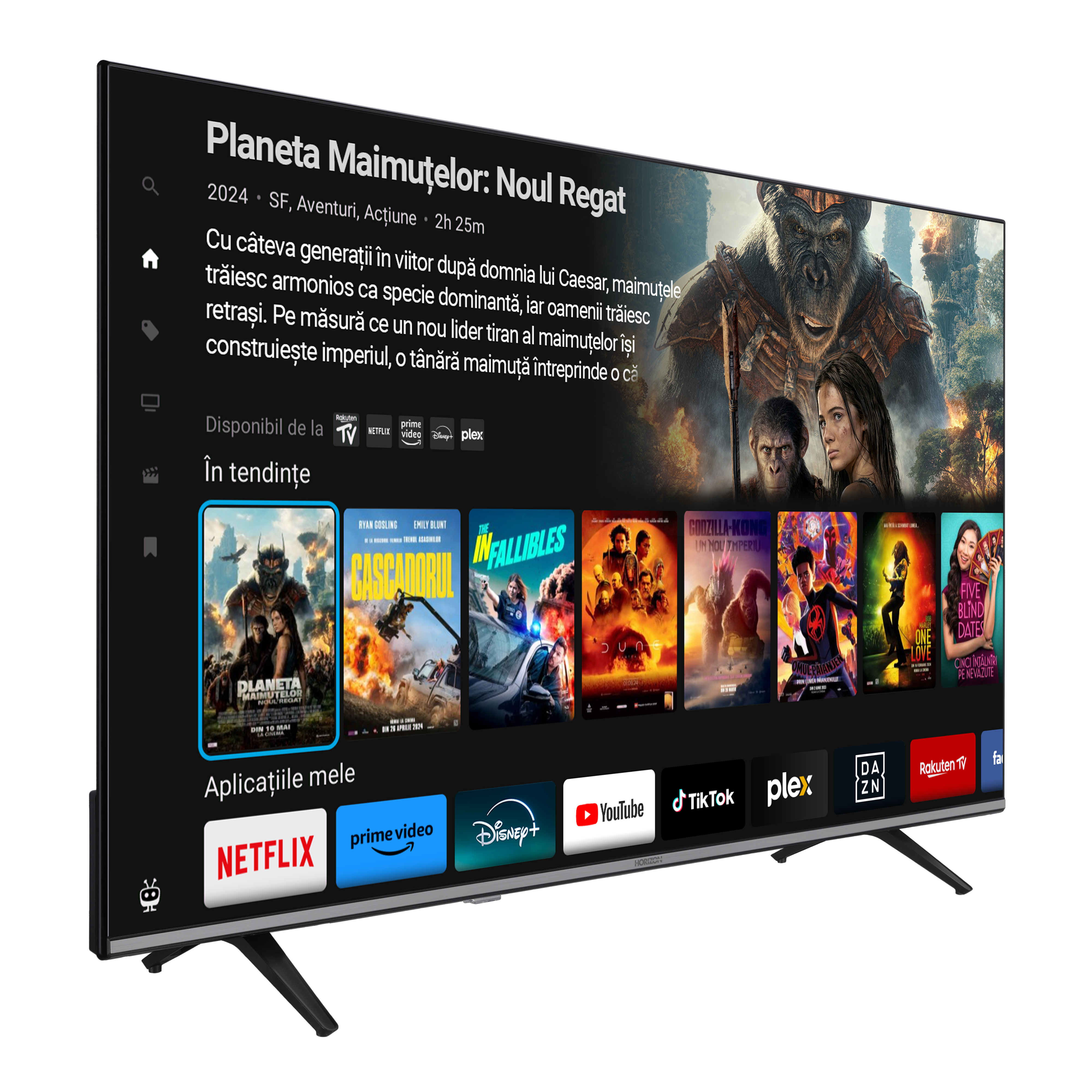 Een zwarte tv met een scherm voor filmselectie met verschillende filmposters en een donkere achtergrond.