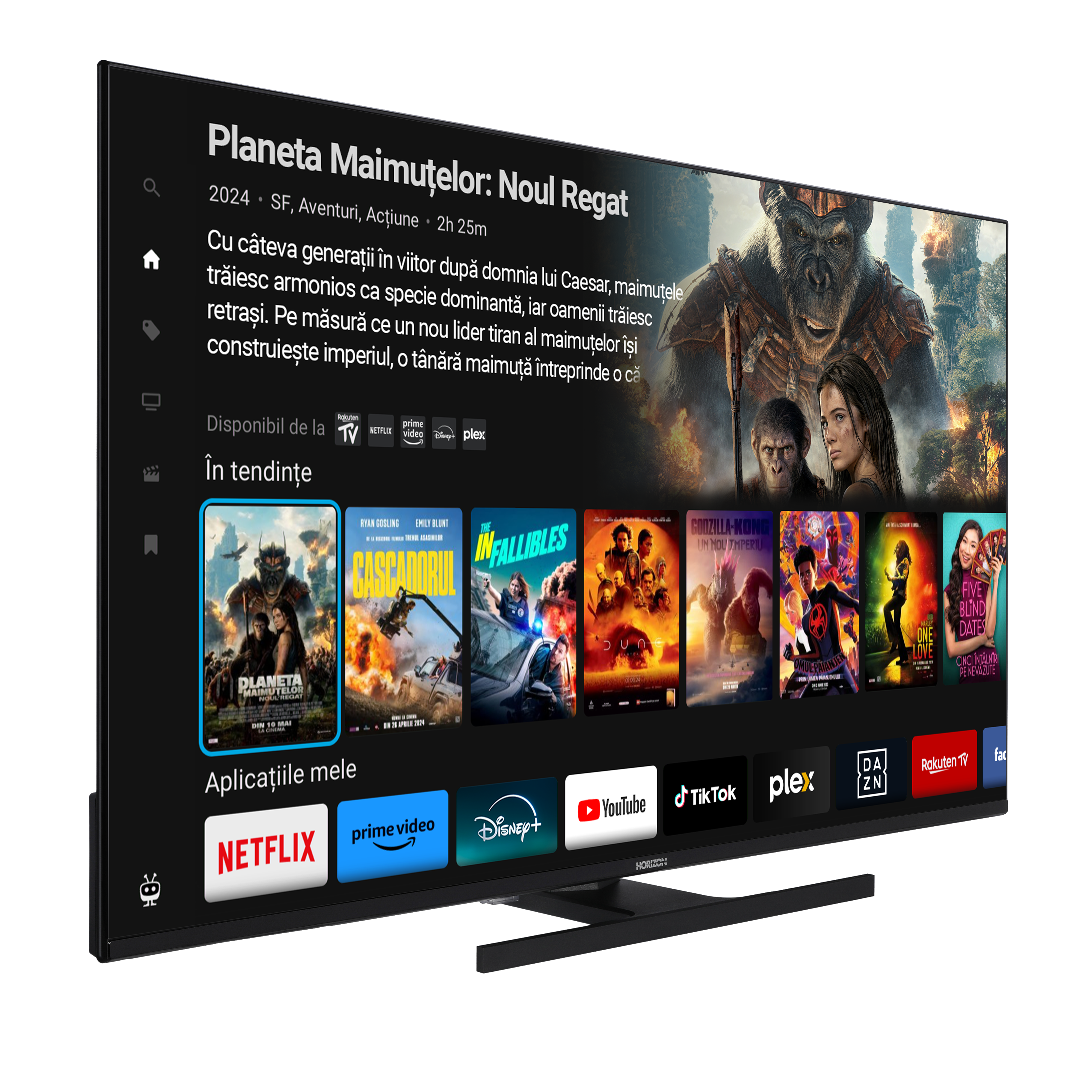 Een tv met een filmstreaming-interface. De interface toont filmtitels en apps zoals Netflix en Disney+.