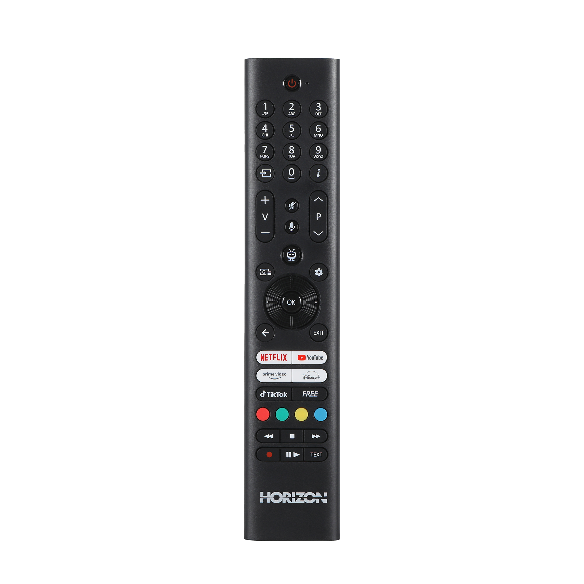 Een zwarte afstandsbediening met meerdere knoppen, waaronder Netflix- en YouTube-toetsen.