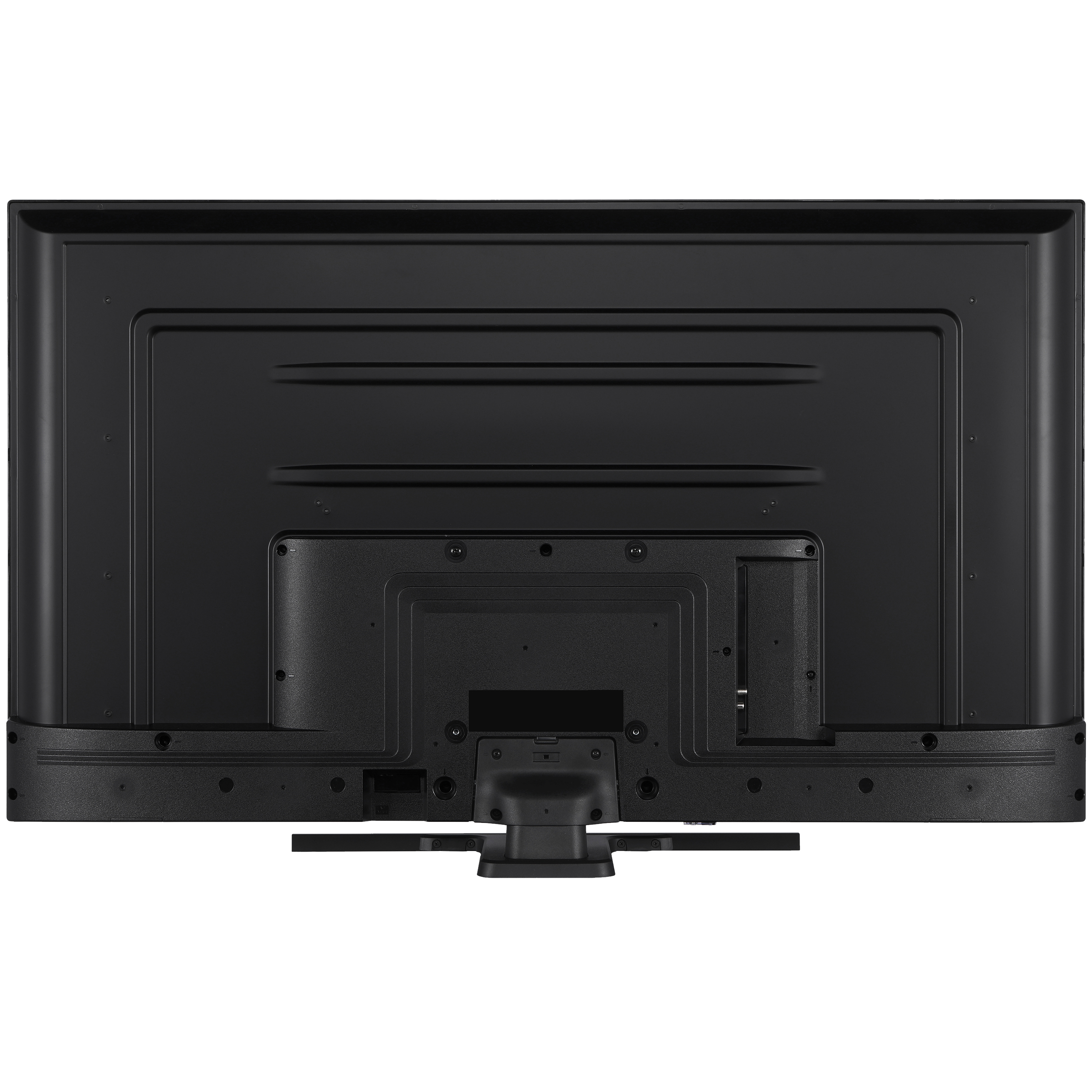 De achterkant van een zwarte flatscreen-tv. Poorten, ventilatieopeningen en montagepunten zijn zichtbaar.