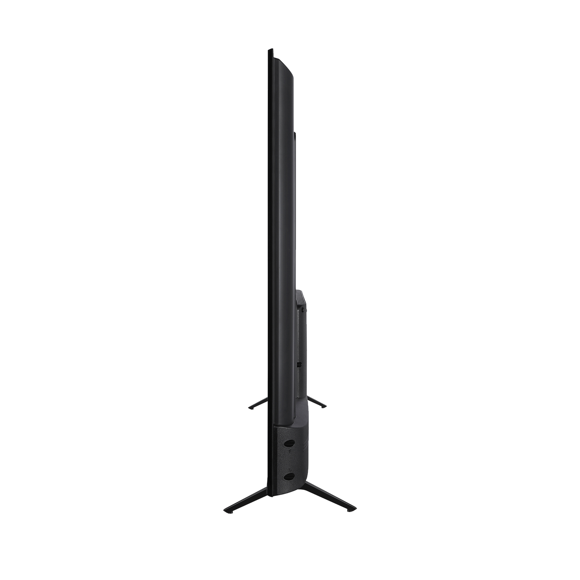Zijaanzicht van een zwarte tv. Het scherm is zwart, de tv staat op twee poten.