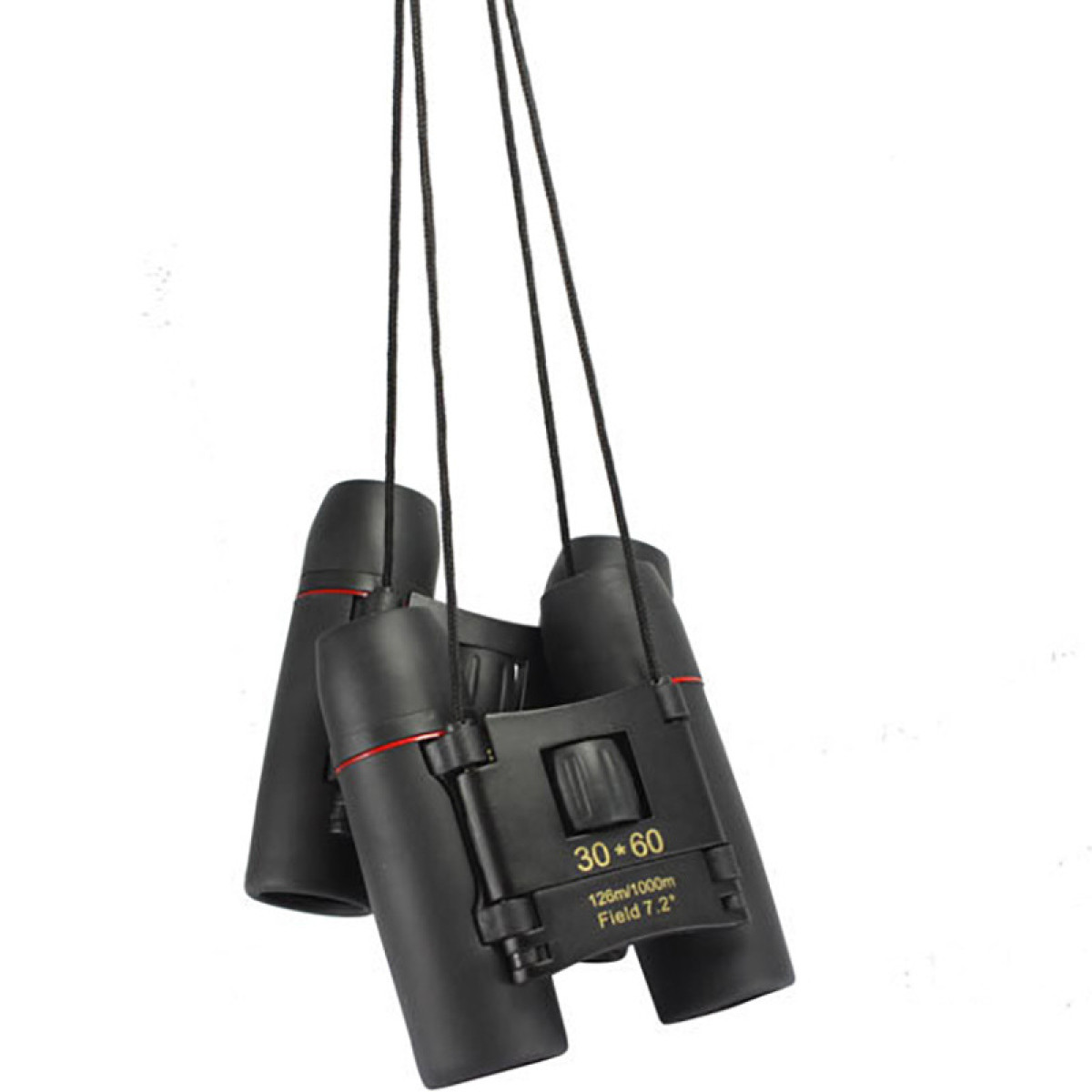 Czarna lornetka wisząca na czarnym pasku. Lornetka ma czerwone akcenty i tekst.