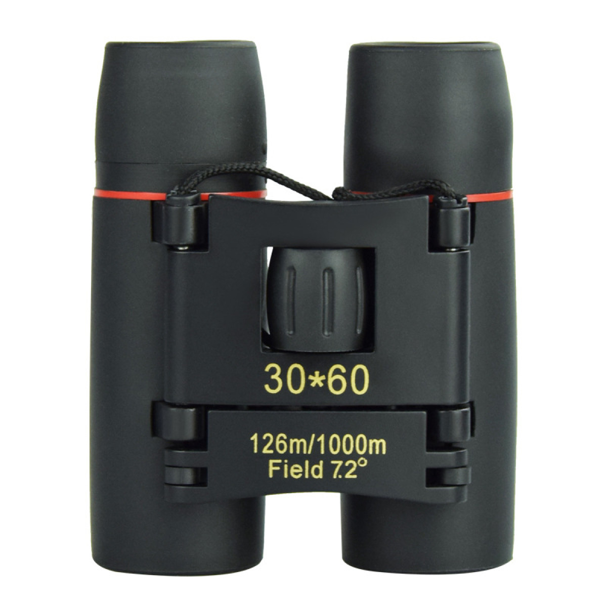 Czarna lornetka z czerwonymi akcentami, oznaczona 30x60, 126m/1000m, Pole 72°.