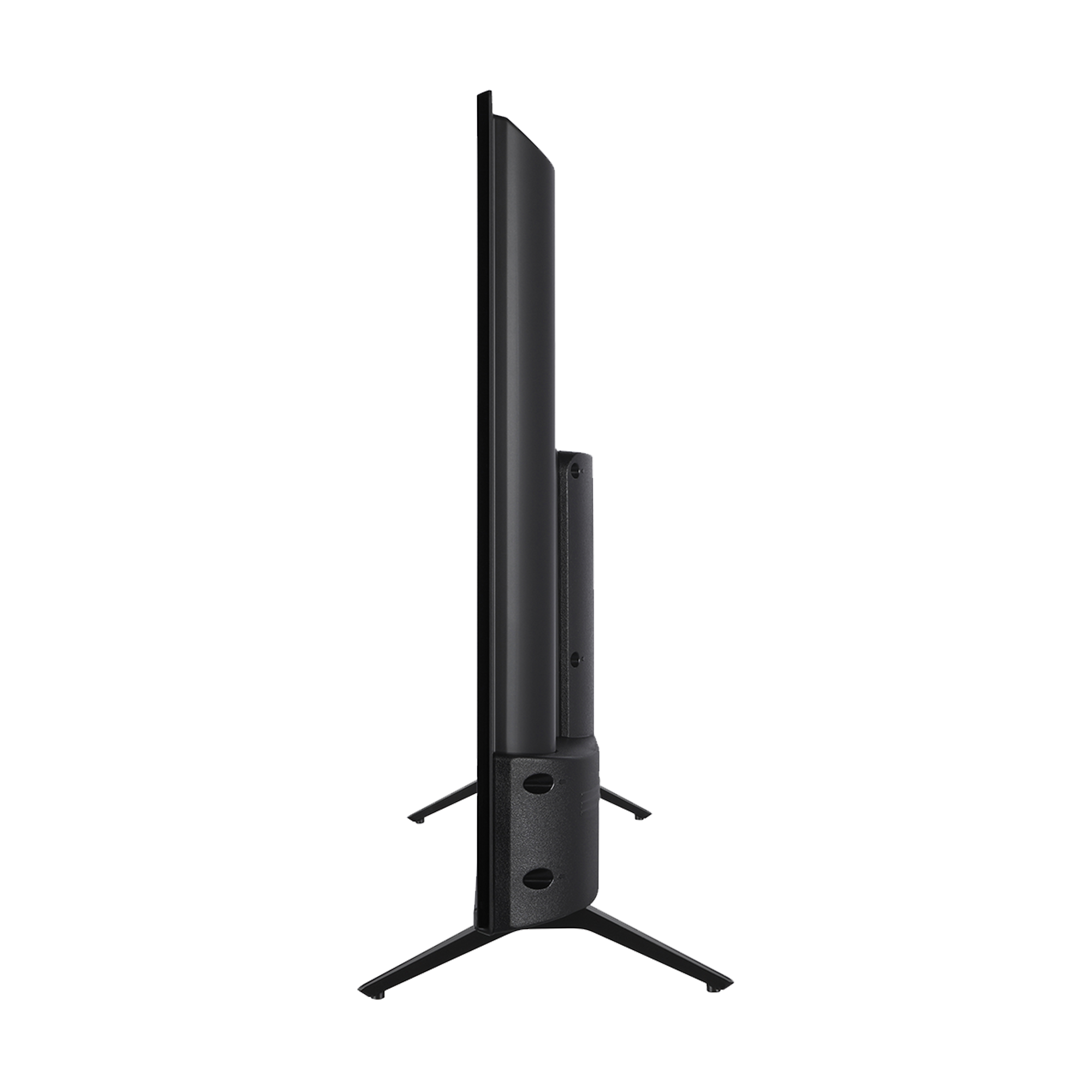 Zijaanzicht van een zwarte tv met een standaard, zwarte achtergrond.