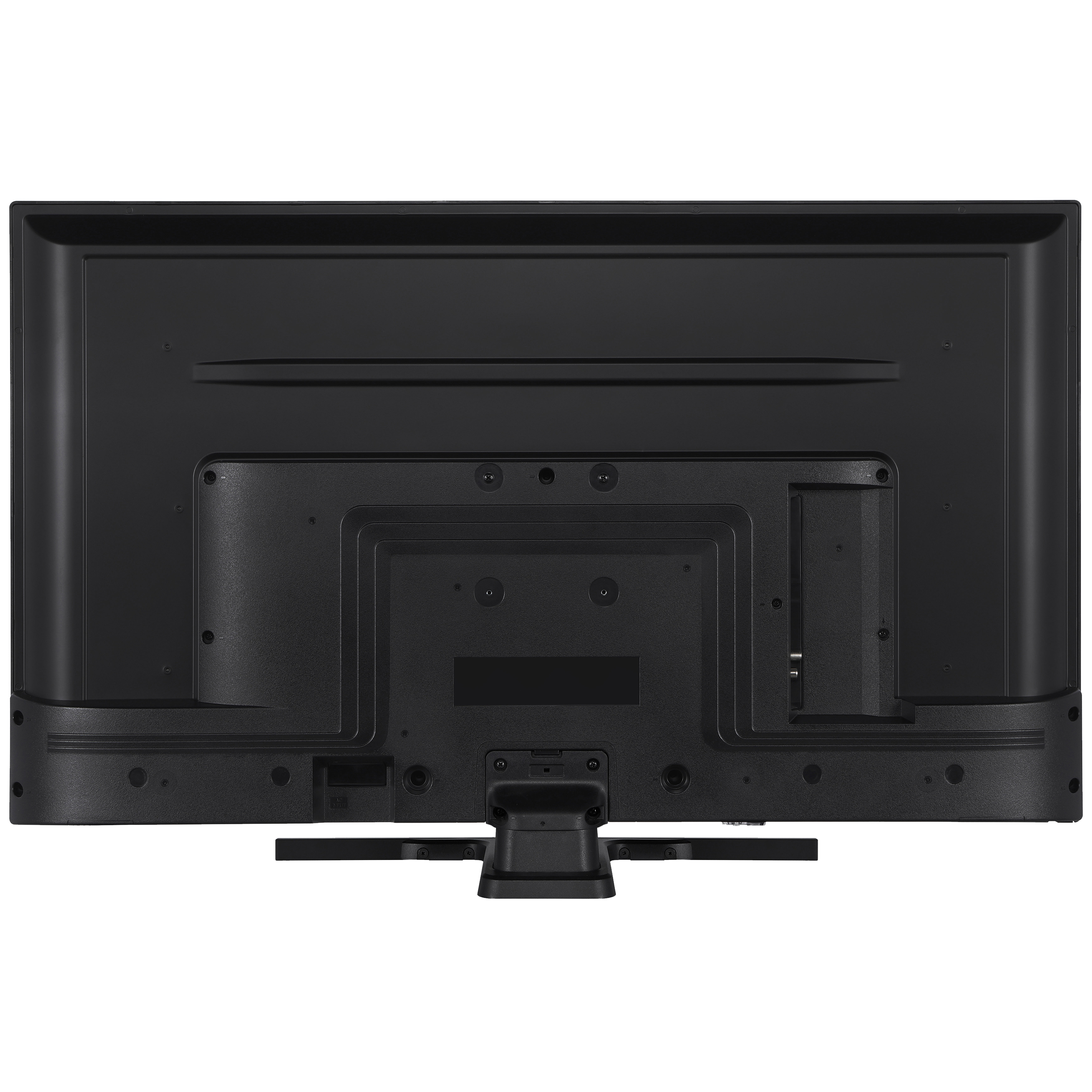 De achterkant van een zwarte flatscreen tv. Verschillende poorten en een standaardaansluiting zijn zichtbaar. Het oppervlak glanst en reflecteert licht.