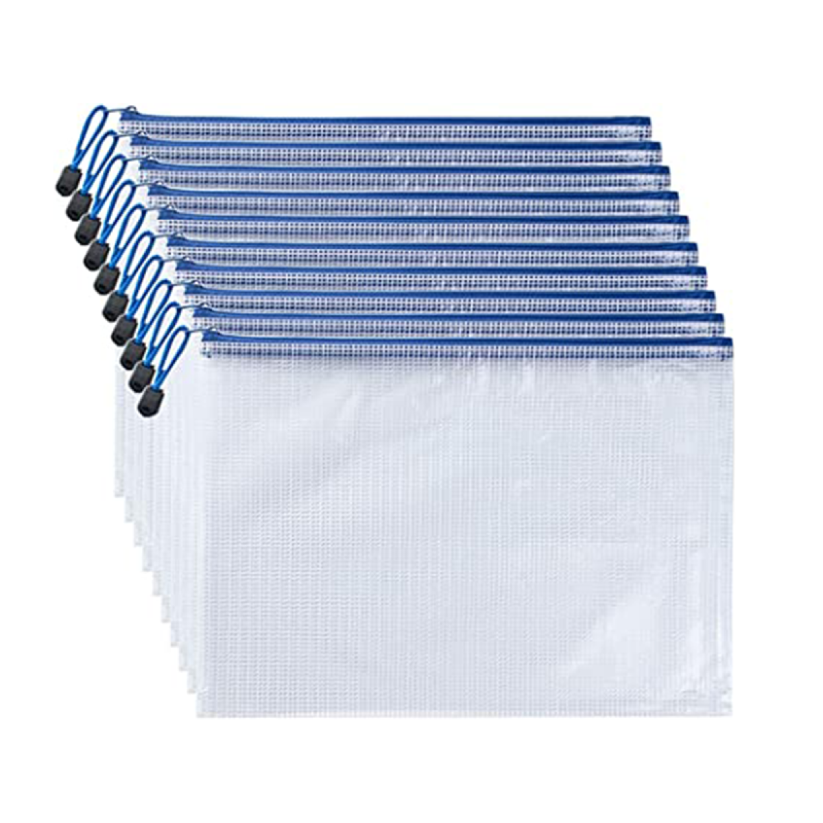 Stapel doorzichtige plastic documentzakjes met blauwe ritsen en treklipjes. Witte achtergrond.