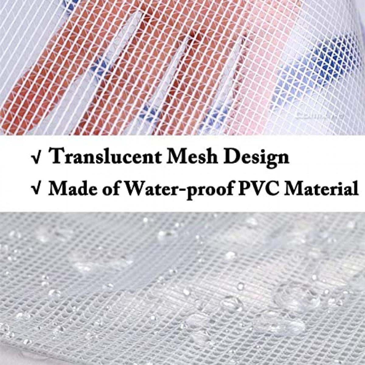 Close-up van een doorschijnend mesh-ontwerp met waterdruppels, gemaakt van waterdicht PVC-materiaal.