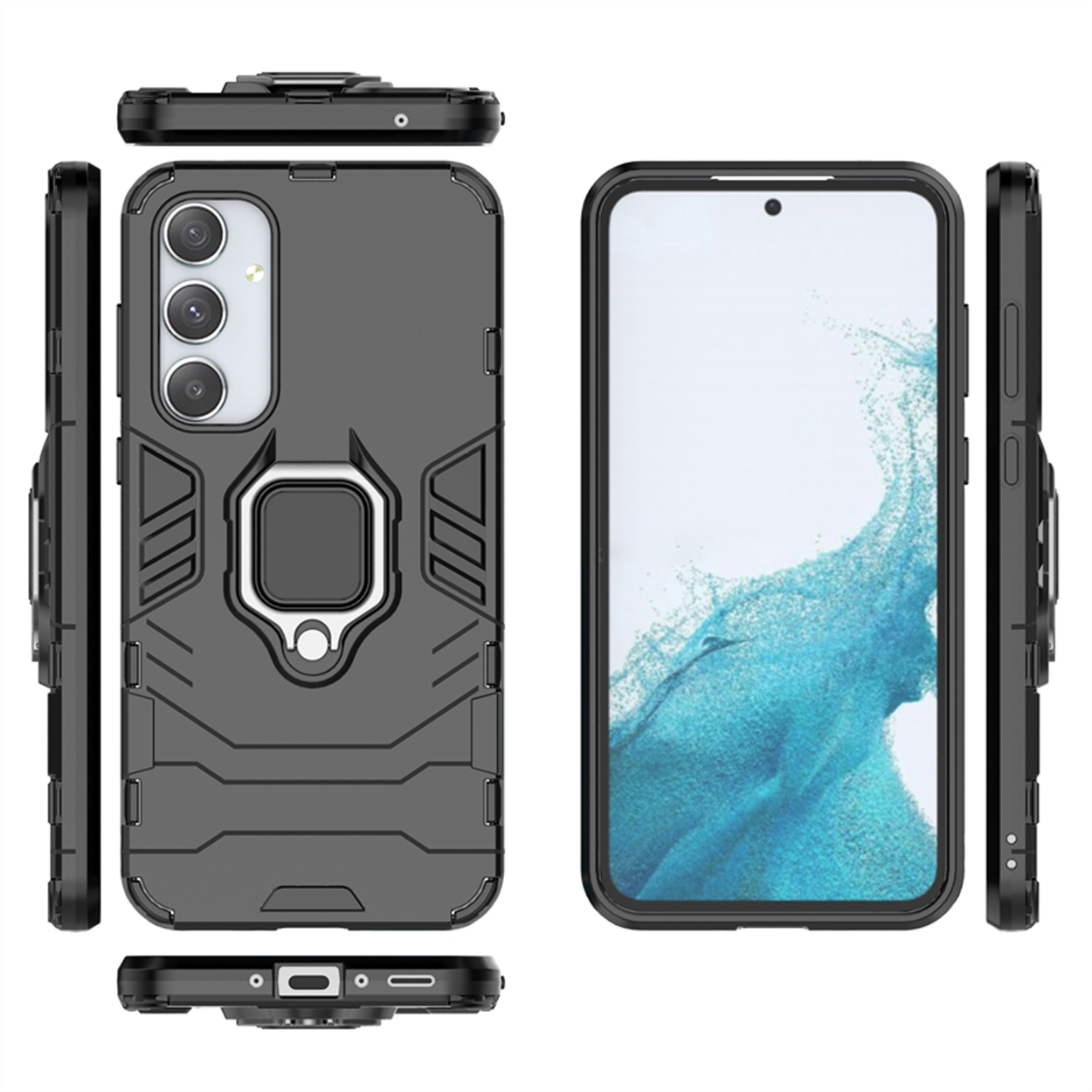 Een zwarte telefoonhoes met een ringstandaard en uitsparingen voor de camera. De telefoon wordt vanuit meerdere hoeken bekeken.