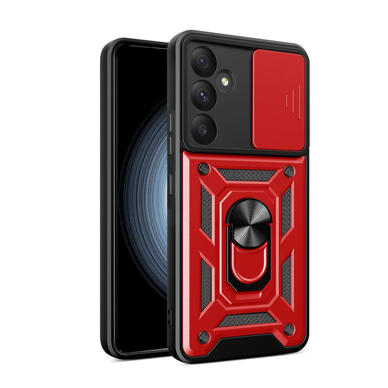Rode telefoonhoes met zwart frame en camerahoes. Zwarte telefoon binnenin.