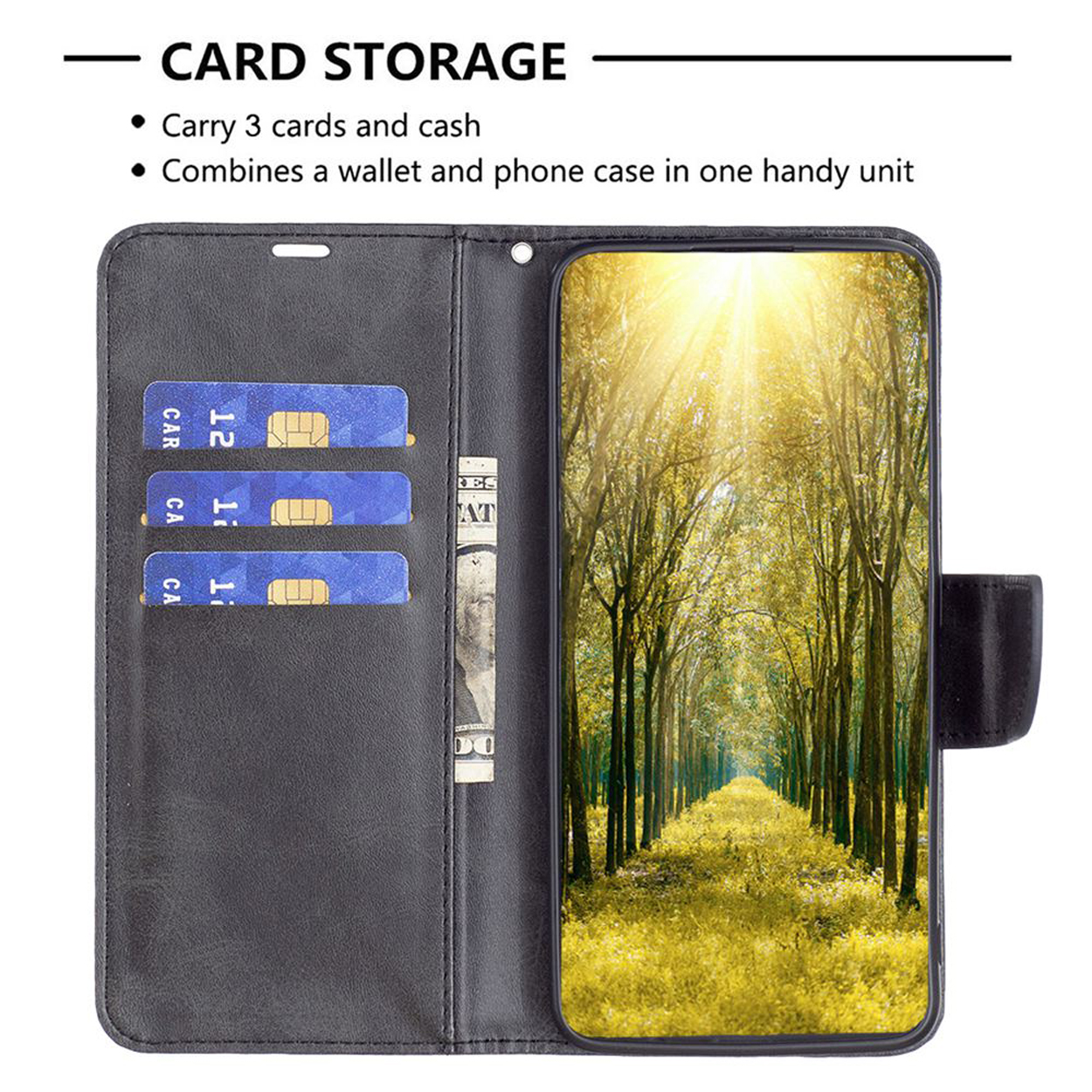 Étui de téléphone noir avec emplacements pour cartes et un téléphone affichant une scène de forêt, superposition de texte.