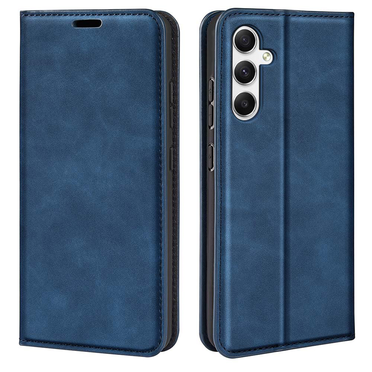 Blauwe telefoonhoes, gesloten en open, met stiksels. Toont camera en knoppen van de telefoon.