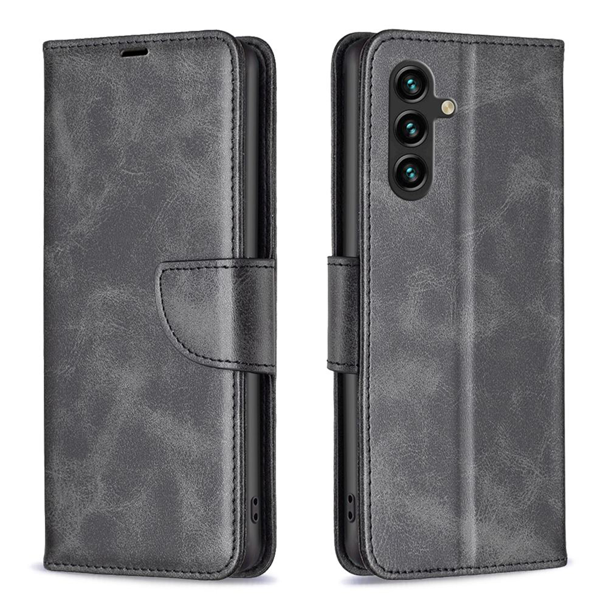Un étui de téléphone gris foncé aspect cuir, fermé à gauche et ouvert à droite.