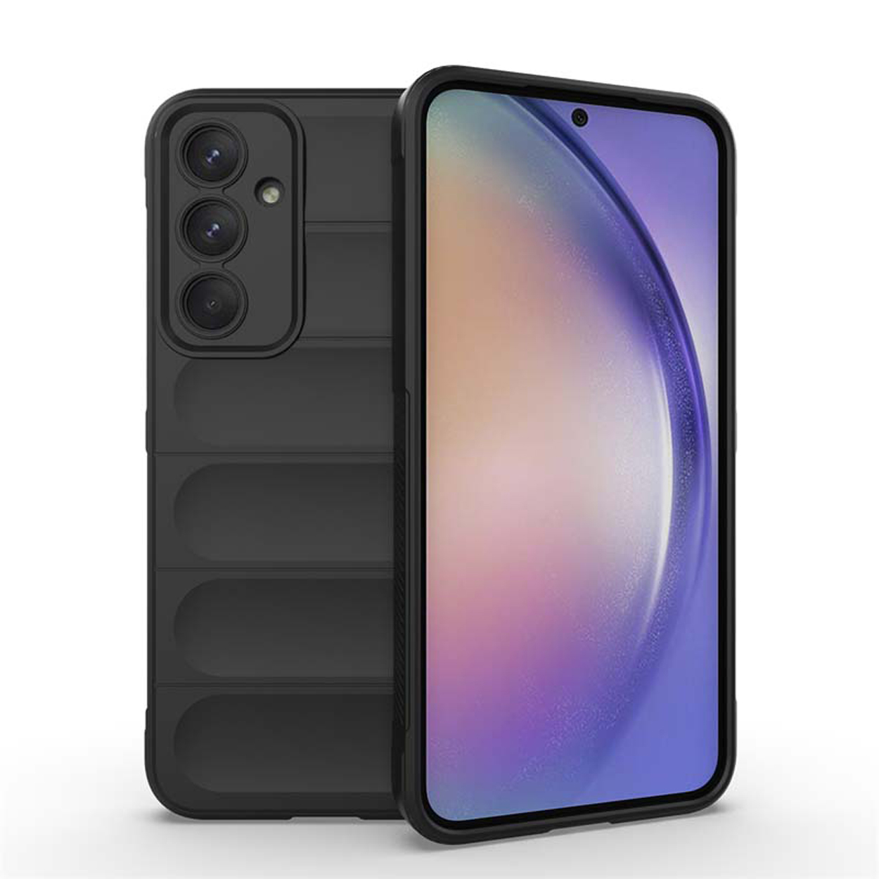 Een zwarte telefoonhoes met een getextureerde achterkant, die de achterkant van een telefoon laat zien.