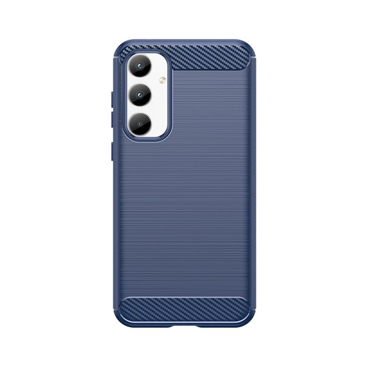 Coque de téléphone bleue avec dos texturé. Comprend l'appareil photo et les boutons.