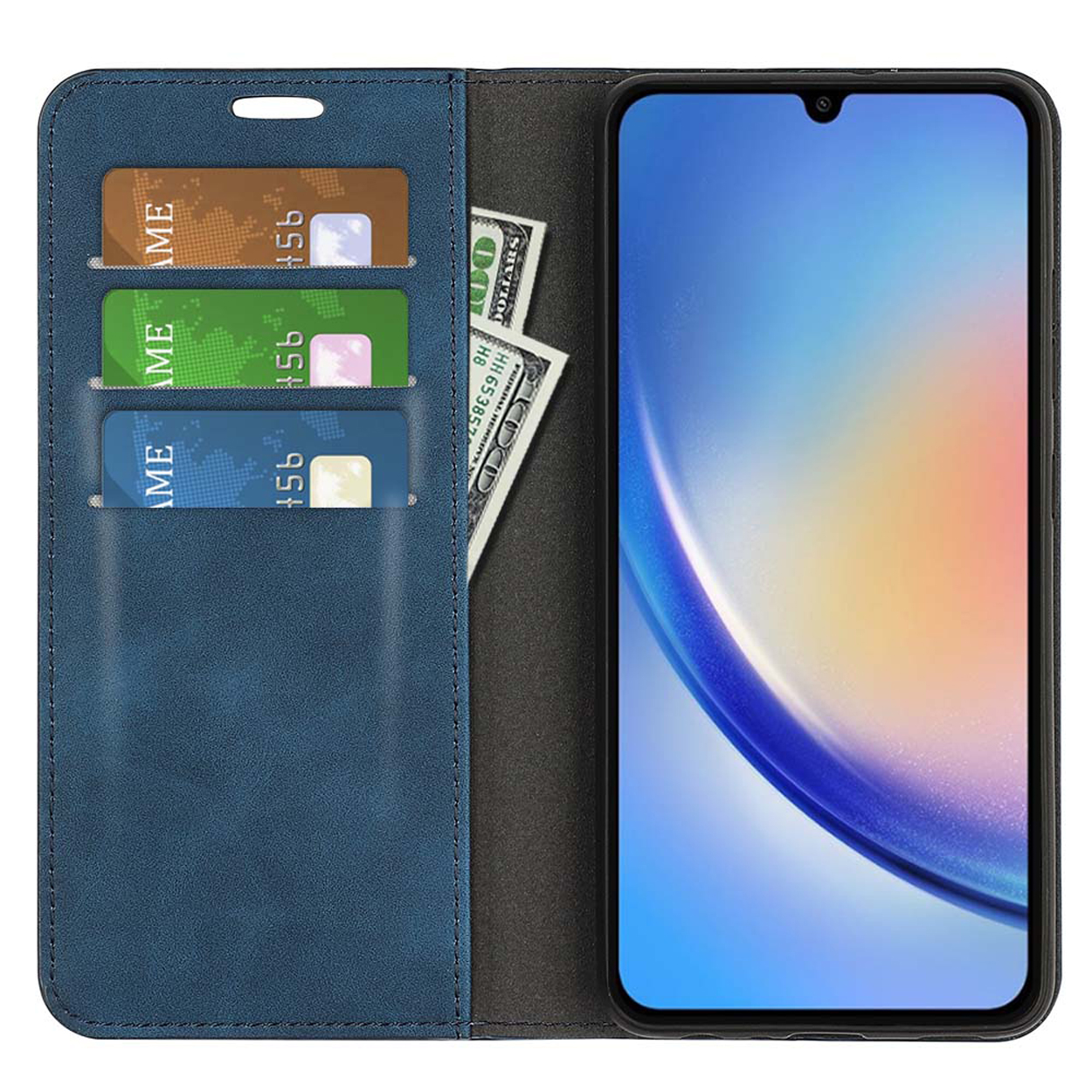 Blauwe telefoonhoes met kaartsleuven en contant geld, en een telefoon die een gebruikersinterface weergeeft op een witte achtergrond.