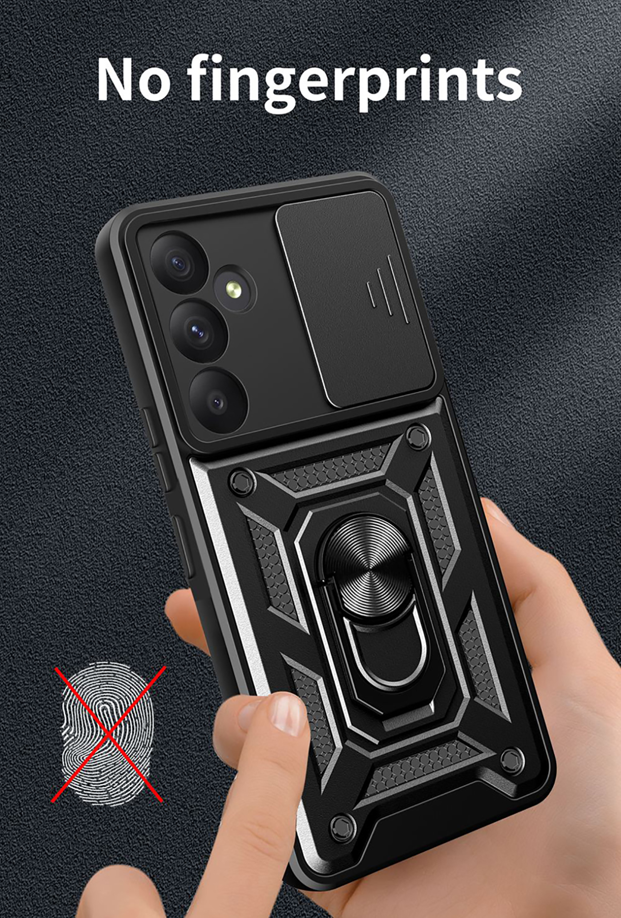 Zwarte telefoonhoes met ringhouder. Vinger raakt het scherm aan.