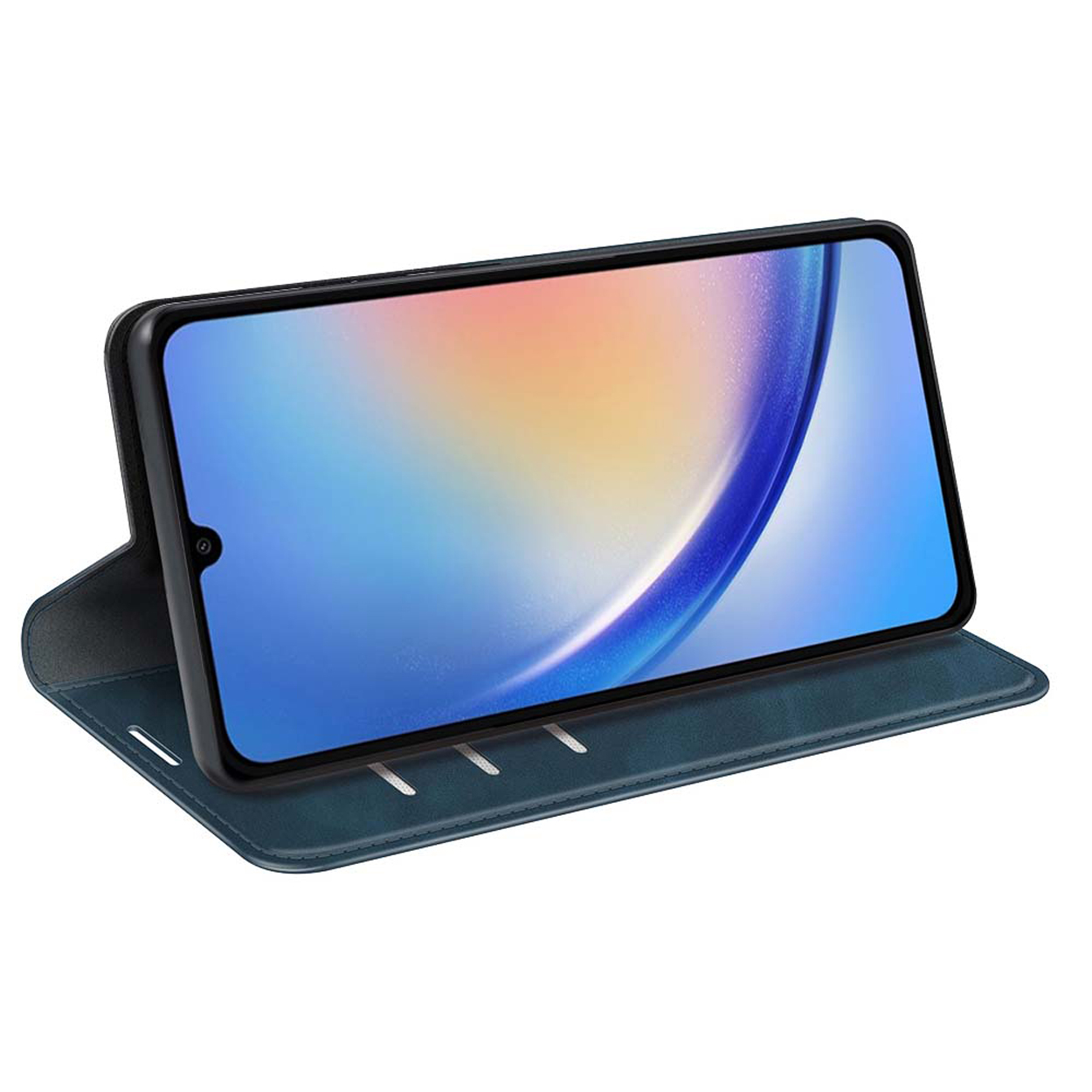 Een telefoon in een blauwe leren hoes, open om het scherm te onthullen. Het scherm toont een kleurrijk beeld.