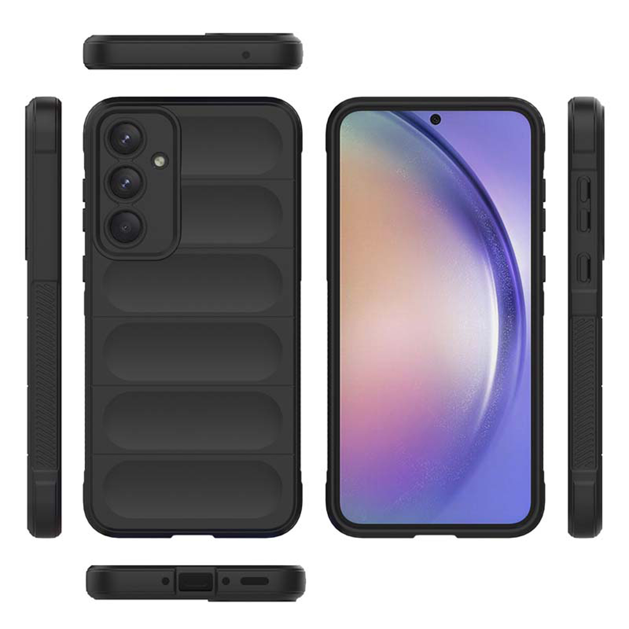 Zwarte telefoonhoes die alle kanten van de telefoon laat zien.