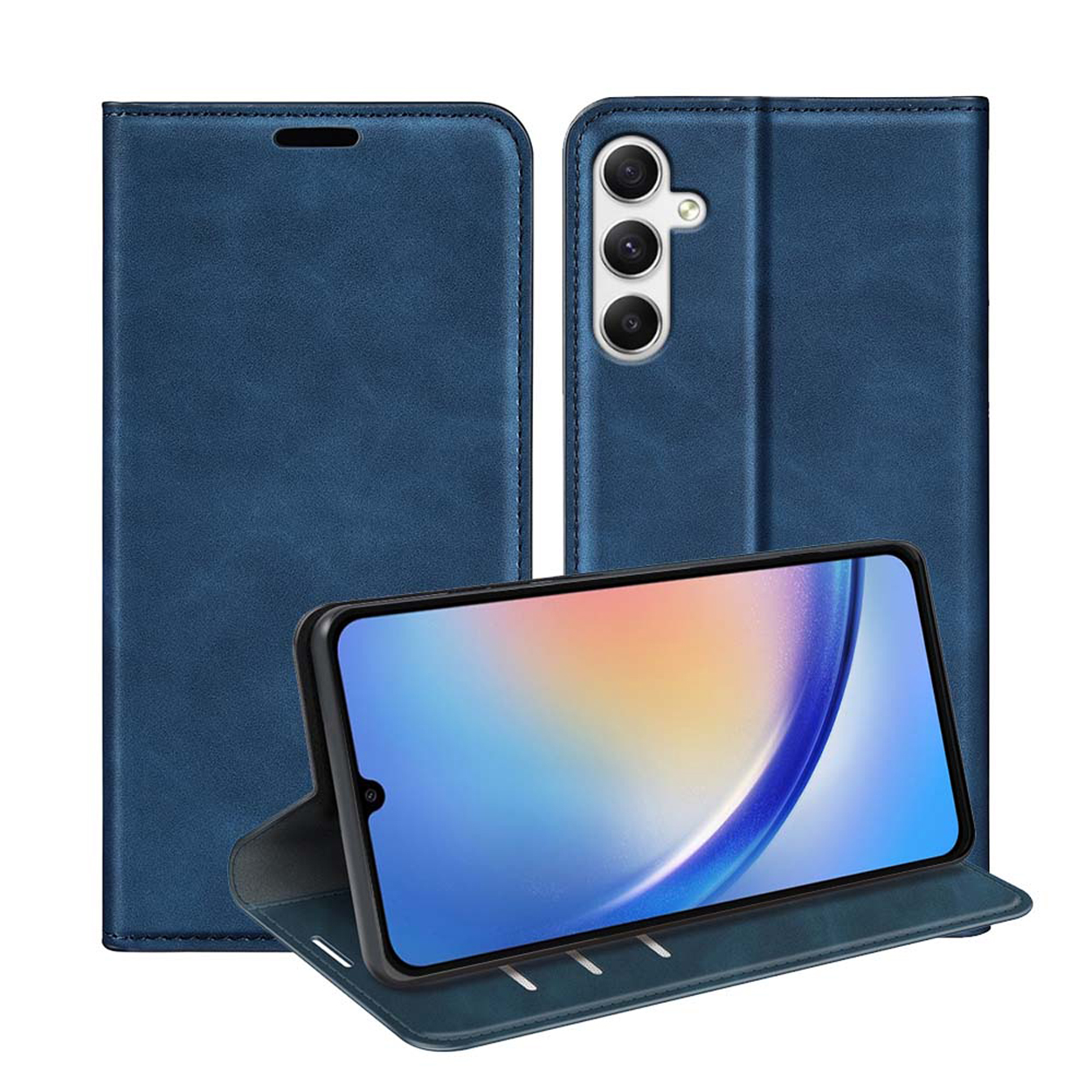 Blauwe telefoonhoes met een telefoon. De telefoon is open om het scherm te laten zien. Leerachtige stijl.
