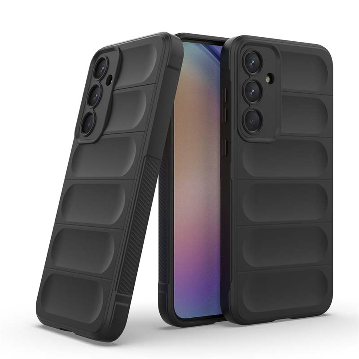 Zwarte telefoonhoesjes met een gestructureerd oppervlak, schuin geplaatst om de binnenkant te laten zien.