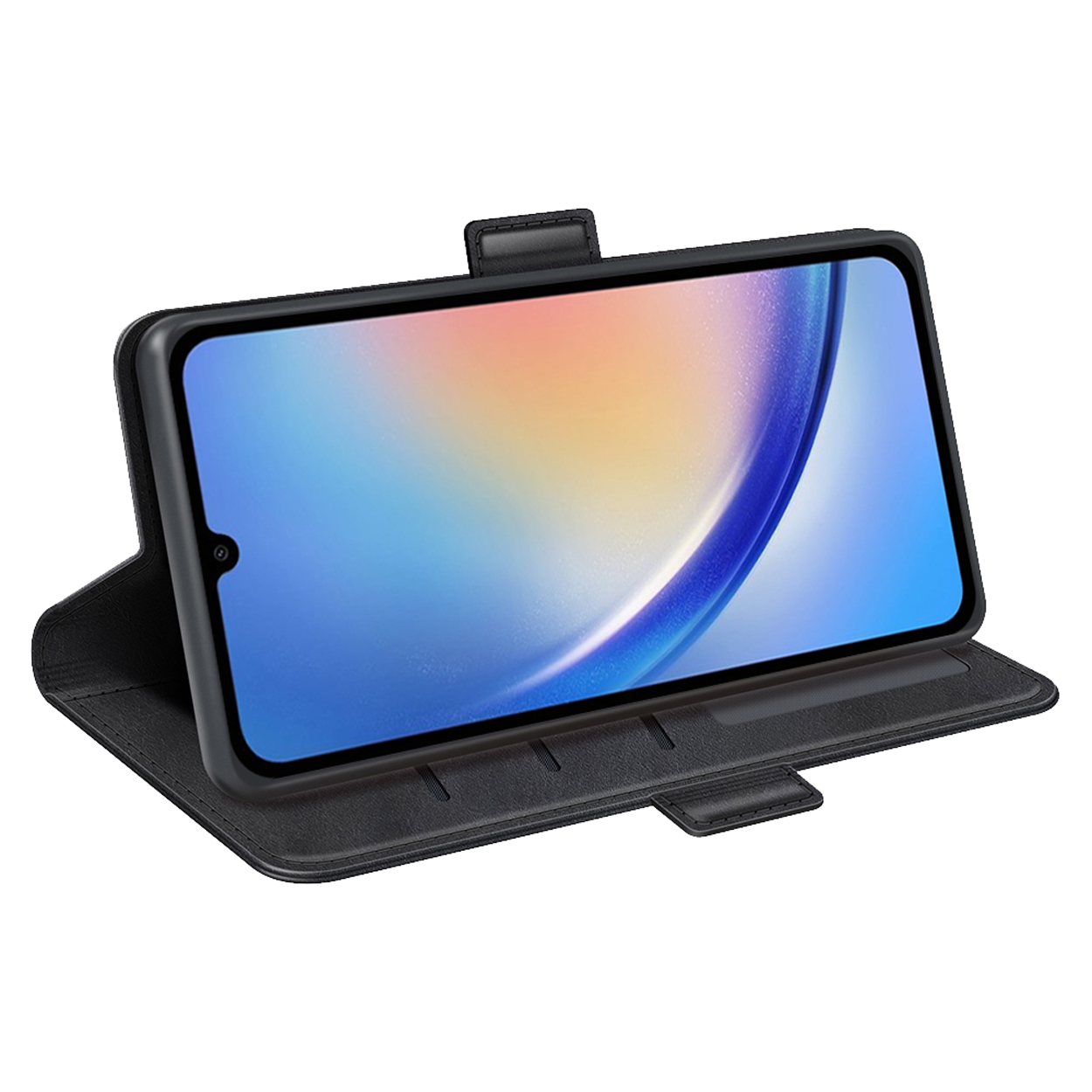 Zwarte telefoonhoes met een open telefoon, die het telefoonscherm weergeeft.