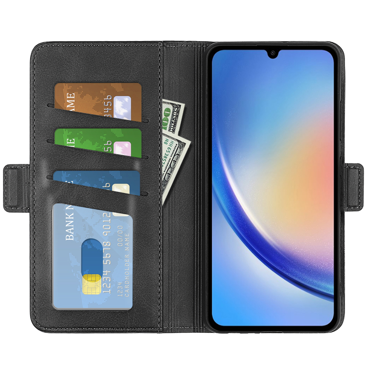 Zwarte telefoonhoes met kaartsleuven en contant geld. Een telefoon is zichtbaar in de hoes.