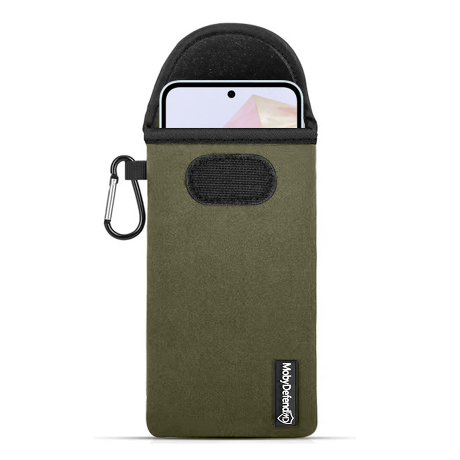 Une housse de téléphone vert olive avec un téléphone partiellement visible.