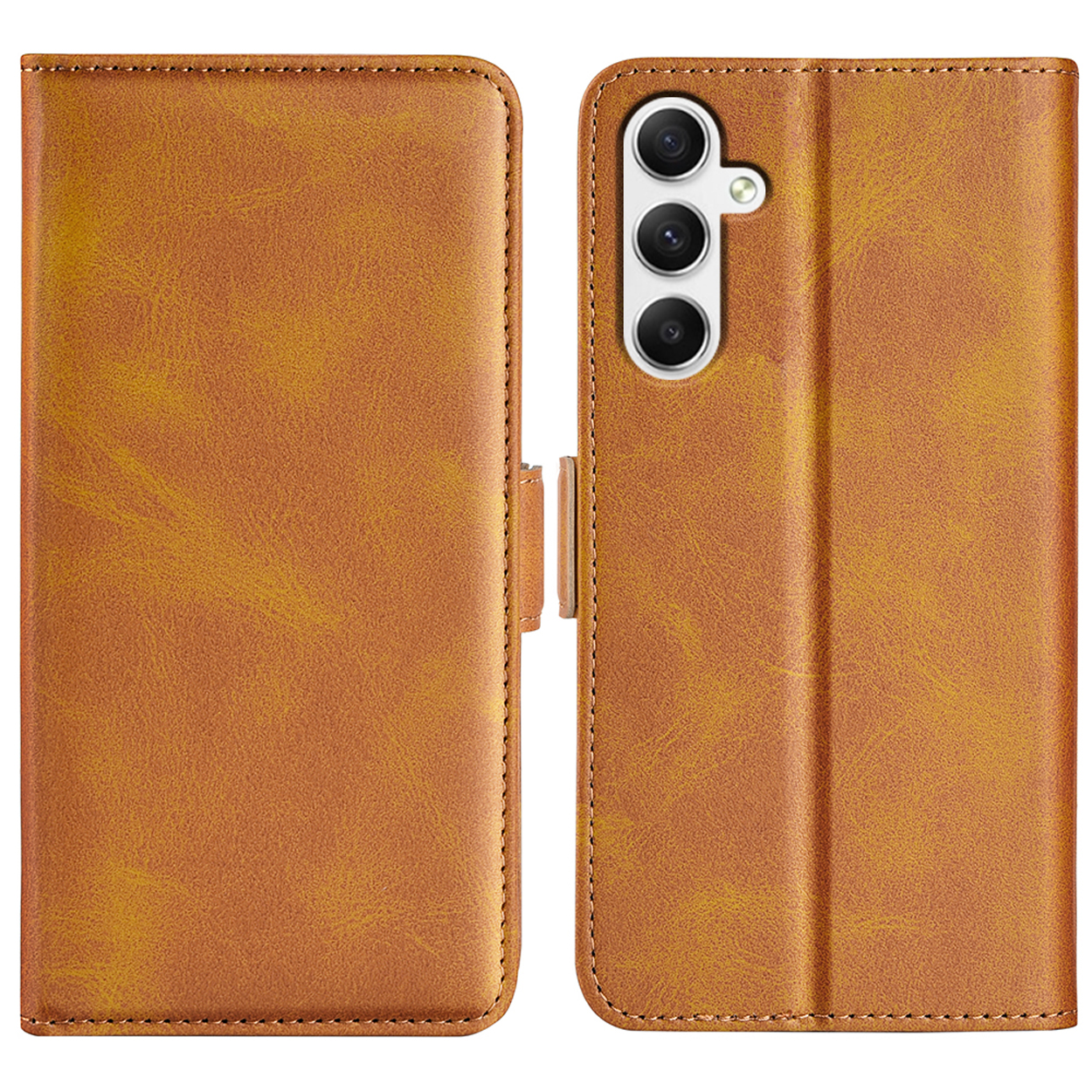 Bruine telefoonhoes, geopend, met een telefoon met cameralenzen en een bijpassende hoes.