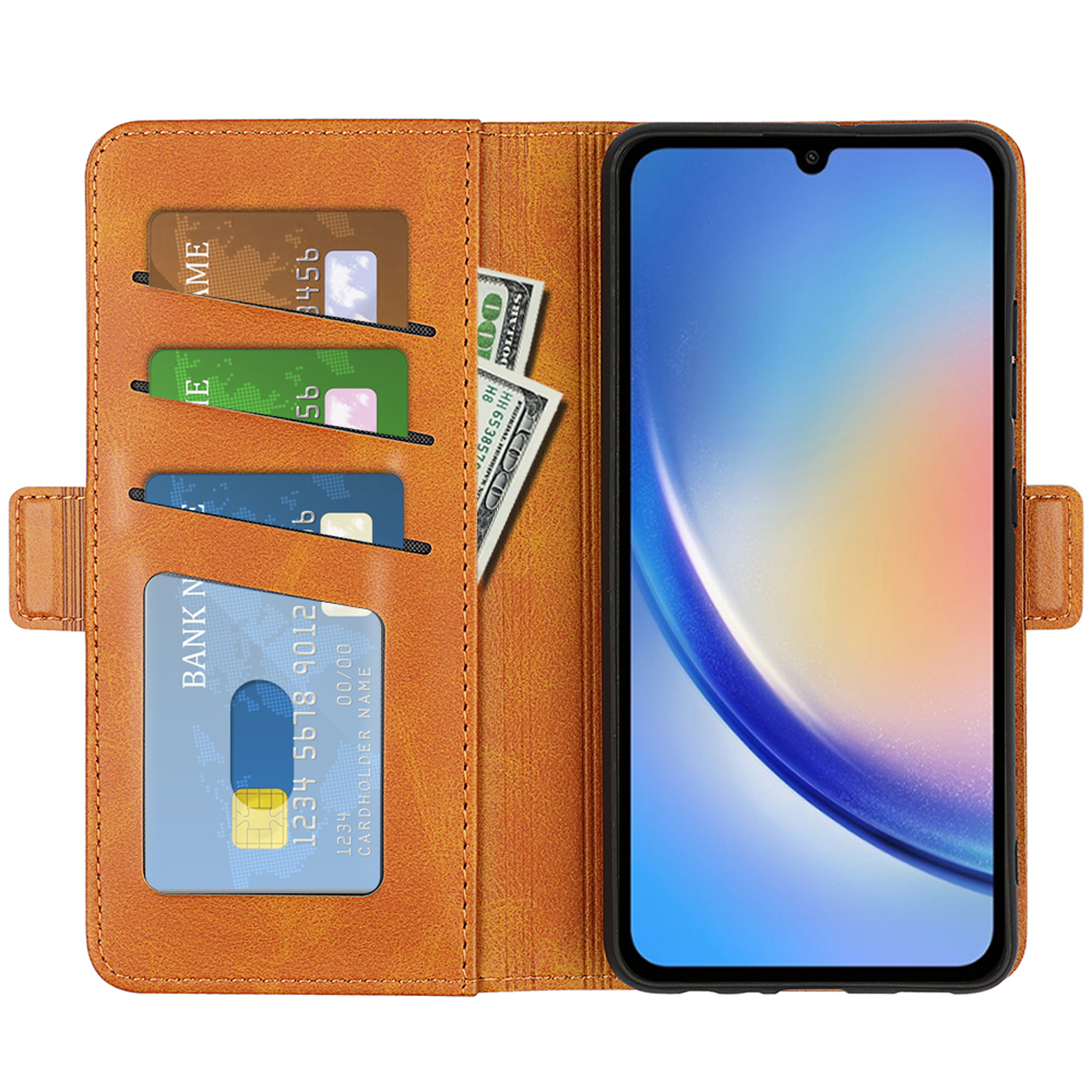 Een telefoonhoesje open, met kaarten en contant geld erin. De telefoon staat aan de rechterkant. Bruin leren hoesje.