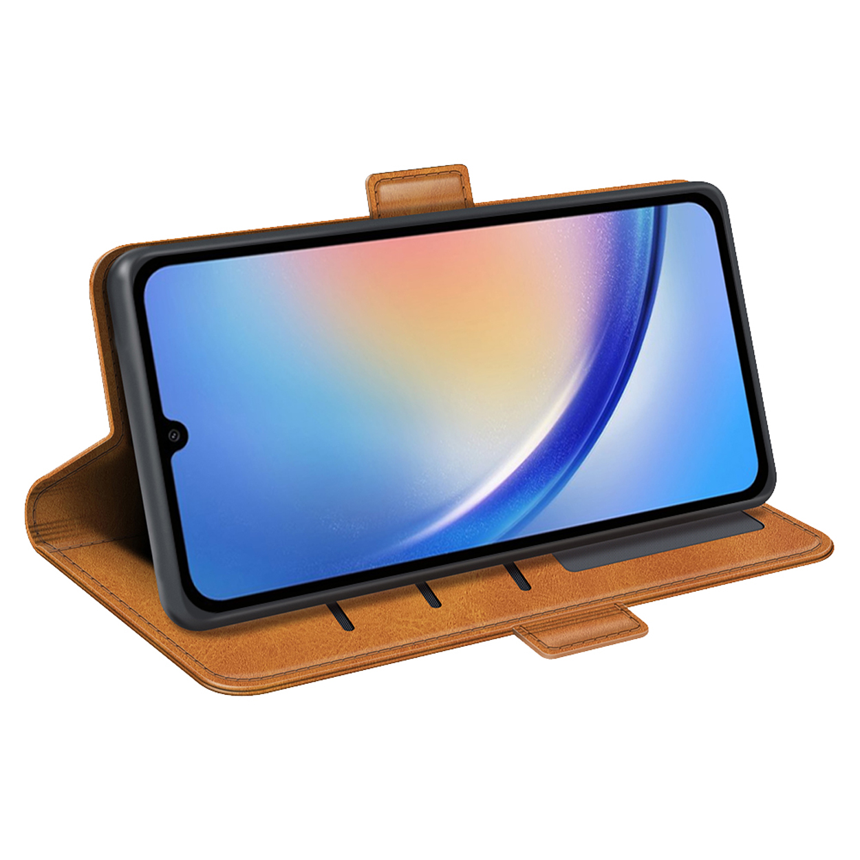 Open bruine leren telefoonhoes met een telefoon erin, met een kleurrijk beeld.
