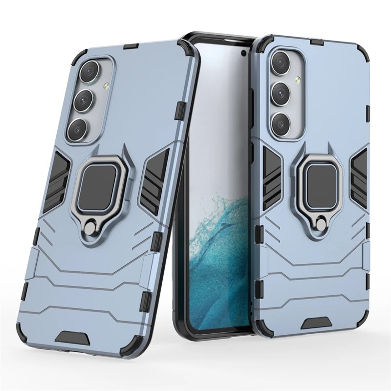 Lichtblauwe telefoonhoesjes met ringhouder en camera-uitsparingen. Telefoon is zichtbaar.
